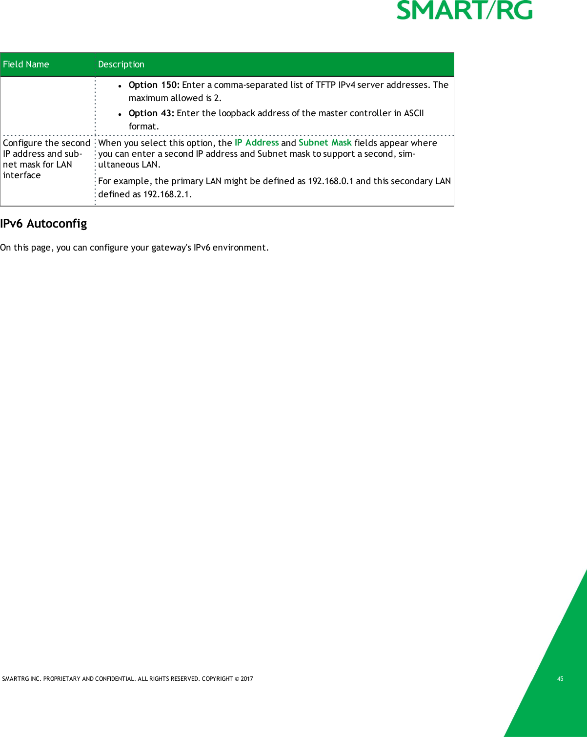 SMARTRG INC. PROPRIETARY AND CONFIDENTIAL. ALL RIGHTS RESERVED. COPYRIGHT &copy; 2017 45Field Name DescriptionlOption 150: Enter a comma-separated list of TFTP IPv4 server addresses. Themaximum allowed is 2.lOption 43: Enter the loopback address of the master controller in ASCIIformat.Configure the secondIP address and sub-net mask for LANinterfaceWhen you select this option, the IP Address and Subnet Mask fields appear whereyou can enter a second IP address and Subnet mask to support a second, sim-ultaneous LAN.For example, the primary LAN might be defined as 192.168.0.1 and this secondary LANdefined as 192.168.2.1.IPv6 AutoconfigOn this page, you can configure your gateway's IPv6 environment.