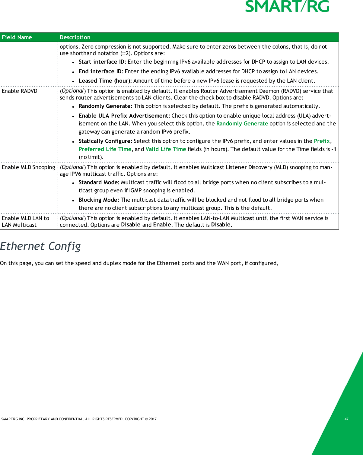 SMARTRG INC. PROPRIETARY AND CONFIDENTIAL. ALL RIGHTS RESERVED. COPYRIGHT &copy; 2017 47Field Name Descriptionoptions. Zero compression is not supported. Make sure to enter zeros between the colons, that is, do notuse shorthand notation (::2). Options are:lStart interface ID: Enter the beginning IPv6 available addresses for DHCP to assign to LAN devices.lEnd interface ID: Enter the ending IPv6 available addresses for DHCP to assign to LAN devices.lLeased Time (hour): Amount of time before a new IPv6 lease is requested by the LAN client.Enable RADVD (Optional) This option is enabled by default. It enables Router Advertisement Daemon (RADVD) service thatsends router advertisements to LAN clients. Clear the check box to disable RADVD. Options are:lRandomly Generate: This option is selected by default. The prefix is generated automatically.lEnable ULA Prefix Advertisement: Check this option to enable unique local address (ULA) advert-isement on the LAN. When you select this option, the Randomly Generate option is selected and thegateway can generate a random IPv6 prefix.lStatically Configure: Select this option to configure the IPv6 prefix, and enter values in the Prefix,Preferred Life Time, and Valid Life Time fields (in hours). The default value for the Time fields is -1(no limit).Enable MLD Snooping (Optional) This option is enabled by default. It enables Multicast Listener Discovery (MLD) snooping to man-age IPV6 multicast traffic. Options are:lStandard Mode: Multicast traffic will flood to all bridge ports when no client subscribes to a mul-ticast group even if IGMP snooping is enabled.lBlocking Mode: The multicast data traffic will be blocked and not flood to all bridge ports whenthere are no client subscriptions to any multicast group. This is the default.Enable MLD LAN toLAN Multicast(Optional) This option is enabled by default. It enables LAN-to-LAN Multicast until the first WAN service isconnected. Options are Disable and Enable. The default is Disable.Ethernet ConfigOn this page, you can set the speed and duplex mode for the Ethernet ports and the WAN port, if configured,