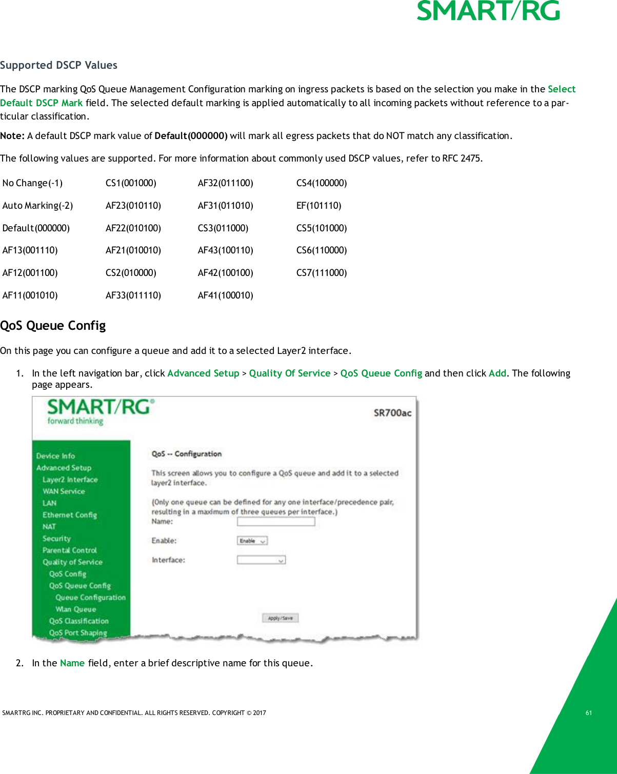SMARTRG INC. PROPRIETARY AND CONFIDENTIAL. ALL RIGHTS RESERVED. COPYRIGHT &copy; 2017 61Supported DSCP ValuesThe DSCP marking QoS Queue Management Configuration marking on ingress packets is based on the selection you make in the SelectDefault DSCP Mark field. The selected default marking is applied automatically to all incoming packets without reference to a par-ticular classification.Note: A default DSCP mark value of Default(000000) will mark all egress packets that do NOT match any classification.The following values are supported. For more information about commonly used DSCP values, refer to RFC 2475.No Change(-1) CS1(001000) AF32(011100) CS4(100000)Auto Marking(-2) AF23(010110) AF31(011010) EF(101110)Default(000000) AF22(010100) CS3(011000) CS5(101000)AF13(001110) AF21(010010) AF43(100110) CS6(110000)AF12(001100) CS2(010000) AF42(100100) CS7(111000)AF11(001010) AF33(011110) AF41(100010)QoS Queue ConfigOn this page you can configure a queue and add it to a selected Layer2 interface.1. In the left navigation bar, click Advanced Setup >Quality Of Service >QoS Queue Config and then click Add. The followingpage appears.2. In the Name field, enter a brief descriptive name for this queue.