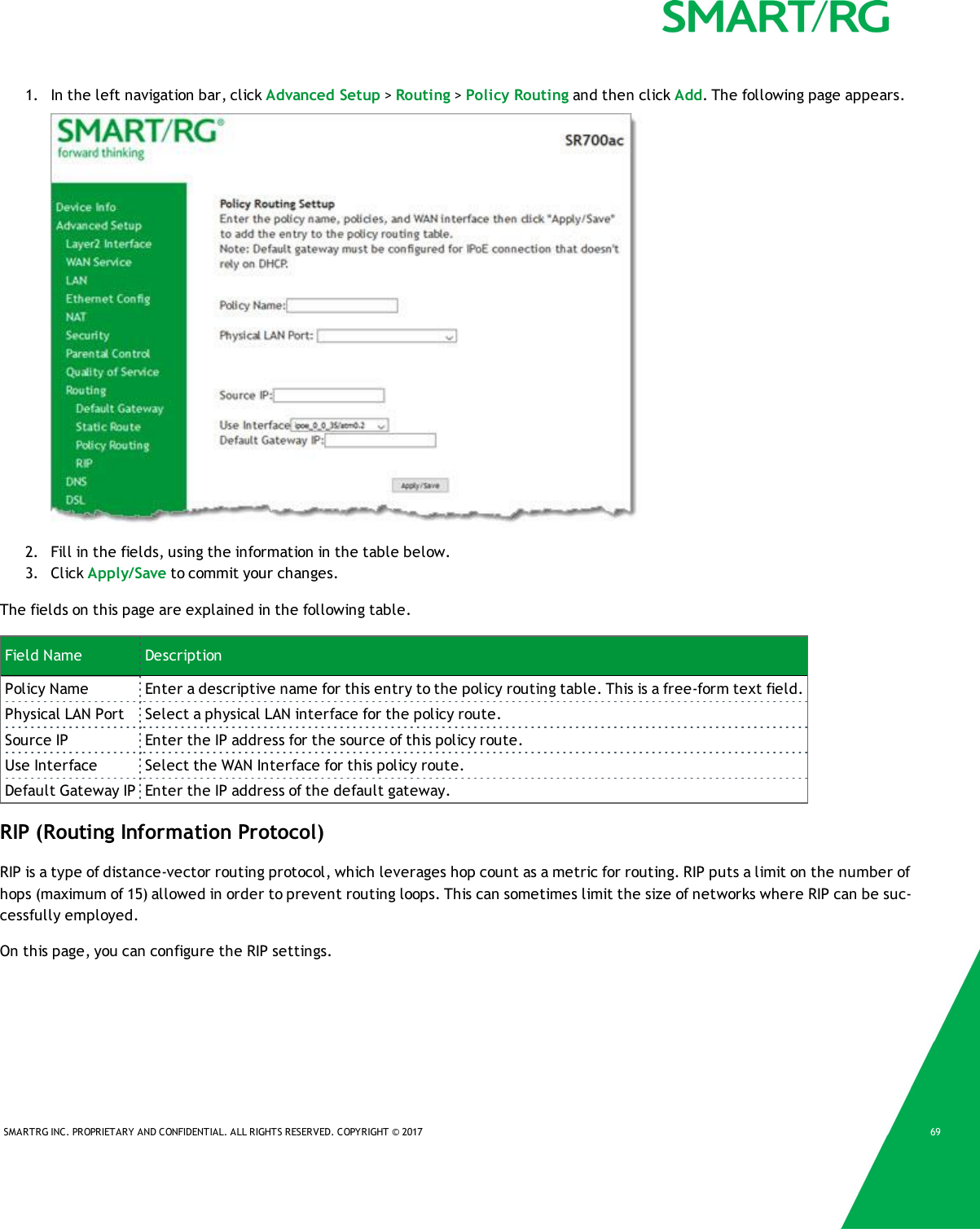 SMARTRG INC. PROPRIETARY AND CONFIDENTIAL. ALL RIGHTS RESERVED. COPYRIGHT &copy; 2017 691. In the left navigation bar, click Advanced Setup >Routing >Policy Routing and then click Add. The following page appears.2. Fill in the fields, using the information in the table below.3. Click Apply/Save to commit your changes.The fields on this page are explained in the following table.Field Name DescriptionPolicy Name Enter a descriptive name for this entry to the policy routing table. This is a free-form text field.Physical LAN Port Select a physical LAN interface for the policy route.Source IP Enter the IP address for the source of this policy route.Use Interface Select the WAN Interface for this policy route.Default Gateway IP Enter the IP address of the default gateway.RIP (Routing Information Protocol)RIP is a type of distance-vector routing protocol, which leverages hop count as a metric for routing. RIP puts a limit on the number ofhops (maximum of 15) allowed in order to prevent routing loops. This can sometimes limit the size of networks where RIP can be suc-cessfully employed.On this page, you can configure the RIP settings.