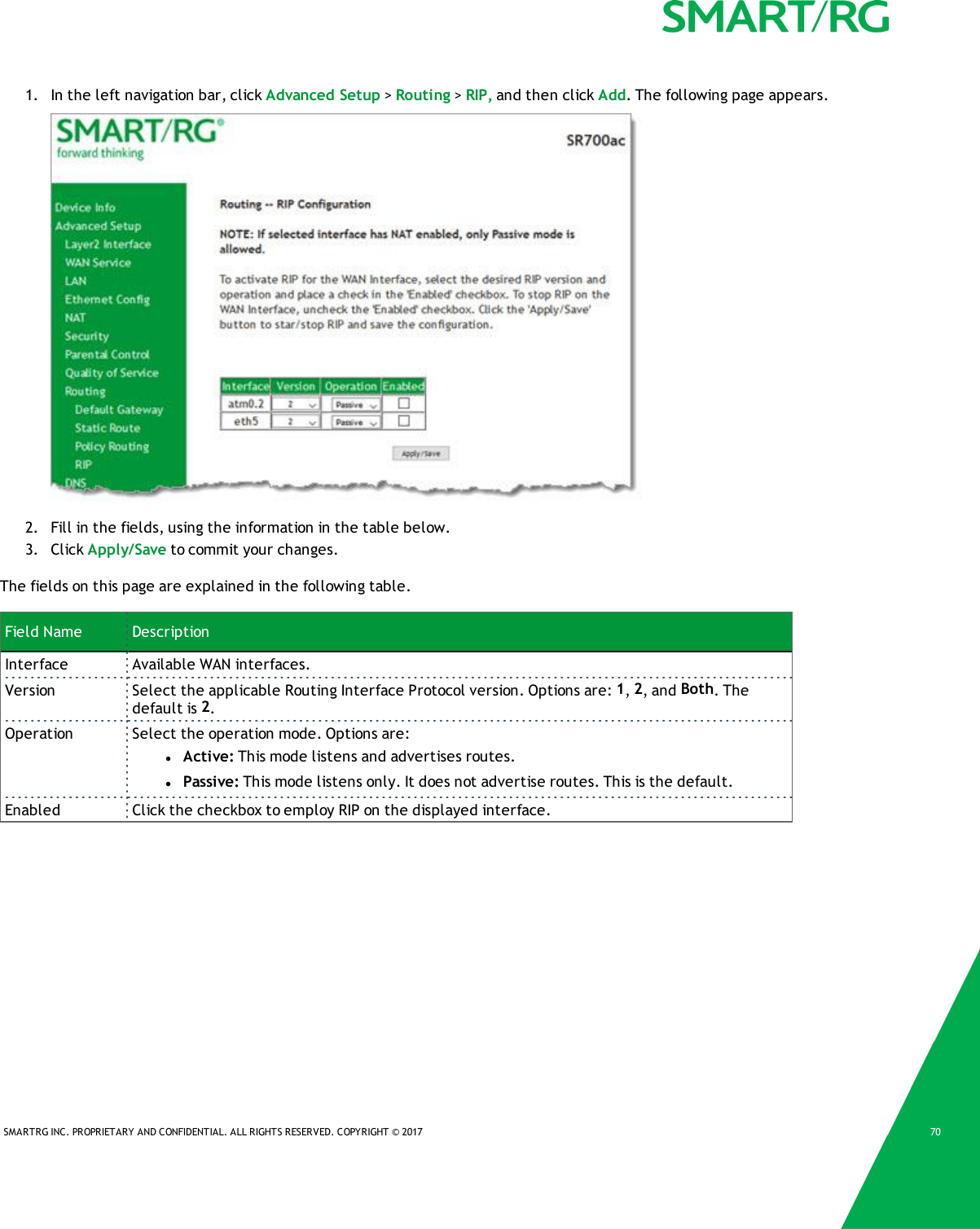 SMARTRG INC. PROPRIETARY AND CONFIDENTIAL. ALL RIGHTS RESERVED. COPYRIGHT &copy; 2017 701. In the left navigation bar, click Advanced Setup >Routing >RIP, and then click Add. The following page appears.2. Fill in the fields, using the information in the table below.3. Click Apply/Save to commit your changes.The fields on this page are explained in the following table.Field Name DescriptionInterface Available WAN interfaces.Version Select the applicable Routing Interface Protocol version. Options are: 1,2, and Both. Thedefault is 2.Operation Select the operation mode. Options are:lActive: This mode listens and advertises routes.lPassive: This mode listens only. It does not advertise routes. This is the default.Enabled Click the checkbox to employ RIP on the displayed interface.