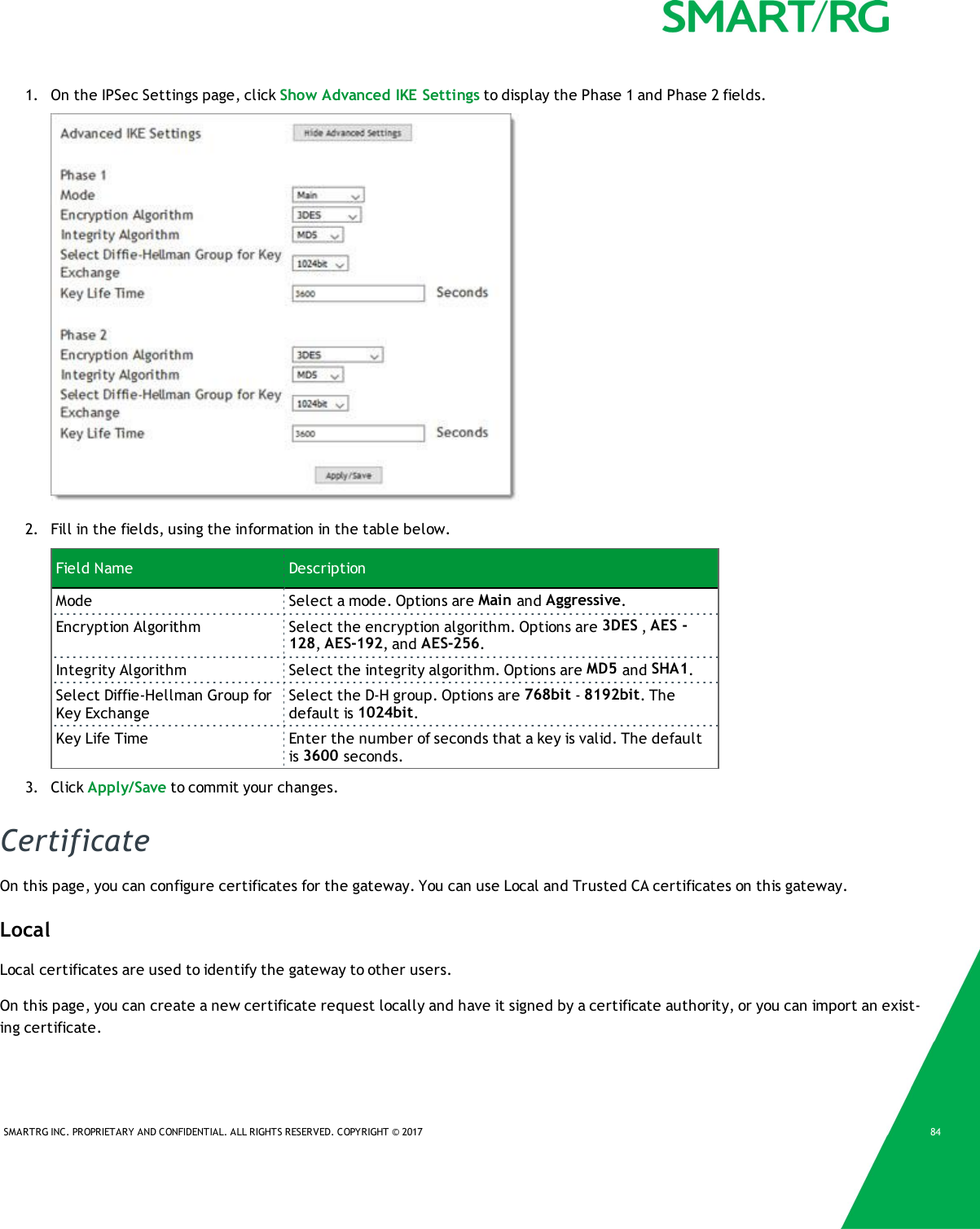 SMARTRG INC. PROPRIETARY AND CONFIDENTIAL. ALL RIGHTS RESERVED. COPYRIGHT &copy; 2017 841. On the IPSec Settings page, click Show Advanced IKE Settings to display the Phase 1 and Phase 2 fields.2. Fill in the fields, using the information in the table below.Field Name DescriptionMode Select a mode. Options are Main and Aggressive.Encryption Algorithm Select the encryption algorithm. Options are 3DES ,AES -128,AES-192, and AES-256.Integrity Algorithm Select the integrity algorithm. Options are MD5 and SHA1.Select Diffie-Hellman Group forKey ExchangeSelect the D-H group. Options are 768bit -8192bit. Thedefault is 1024bit.Key Life Time Enter the number of seconds that a key is valid. The defaultis 3600 seconds.3. Click Apply/Save to commit your changes.CertificateOn this page, you can configure certificates for the gateway. You can use Local and Trusted CA certificates on this gateway.LocalLocal certificates are used to identify the gateway to other users.On this page, you can create a new certificate request locally and have it signed by a certificate authority, or you can import an exist-ing certificate.