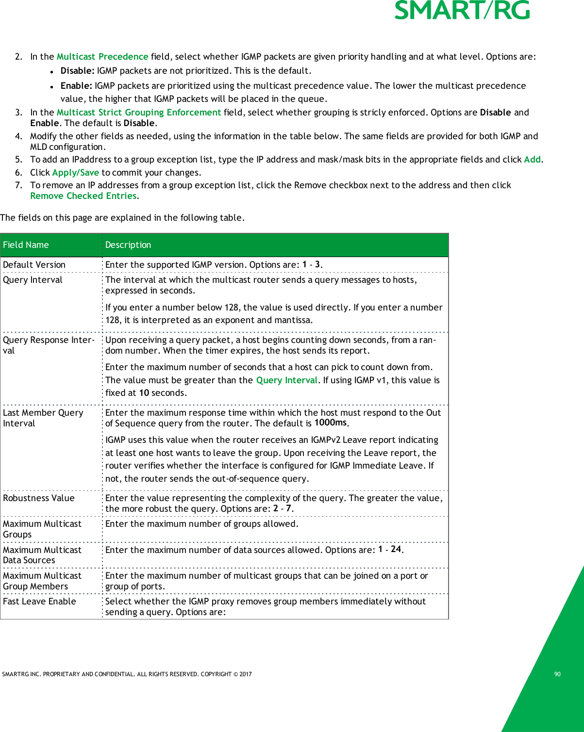 SMARTRG INC. PROPRIETARY AND CONFIDENTIAL. ALL RIGHTS RESERVED. COPYRIGHT &copy; 2017 902. In the Multicast Precedence field, select whether IGMP packets are given priority handling and at what level. Options are:lDisable: IGMP packets are not prioritized. This is the default.lEnable: IGMP packets are prioritized using the multicast precedence value. The lower the multicast precedencevalue, the higher that IGMP packets will be placed in the queue.3. In the Multicast Strict Grouping Enforcement field, select whether grouping is stricly enforced. Options are Disable andEnable. The default is Disable.4. Modify the other fields as needed, using the information in the table below. The same fields are provided for both IGMP andMLD configuration.5. To add an IPaddress to a group exception list, type the IP address and mask/mask bits in the appropriate fields and click Add.6. Click Apply/Save to commit your changes.7. To remove an IP addresses from a group exception list, click the Remove checkbox next to the address and then clickRemove Checked Entries.The fields on this page are explained in the following table.Field Name DescriptionDefault Version Enter the supported IGMP version. Options are: 1-3.Query Interval The interval at which the multicast router sends a query messages to hosts,expressed in seconds.If you enter a number below 128, the value is used directly. If you enter a number128, it is interpreted as an exponent and mantissa.Query Response Inter-valUpon receiving a query packet, a host begins counting down seconds, from a ran-dom number. When the timer expires, the host sends its report.Enter the maximum number of seconds that a host can pick to count down from.The value must be greater than the Query Interval. If using IGMP v1, this value isfixed at 10 seconds.Last Member QueryIntervalEnter the maximum response time within which the host must respond to the Outof Sequence query from the router. The default is 1000ms.IGMP uses this value when the router receives an IGMPv2 Leave report indicatingat least one host wants to leave the group. Upon receiving the Leave report, therouter verifies whether the interface is configured for IGMP Immediate Leave. Ifnot, the router sends the out-of-sequence query.Robustness Value Enter the value representing the complexity of the query. The greater the value,the more robust the query. Options are: 2-7.Maximum MulticastGroupsEnter the maximum number of groups allowed.Maximum MulticastData SourcesEnter the maximum number of data sources allowed. Options are: 1-24.Maximum MulticastGroup MembersEnter the maximum number of multicast groups that can be joined on a port orgroup of ports.Fast Leave Enable Select whether the IGMP proxy removes group members immediately withoutsending a query. Options are: