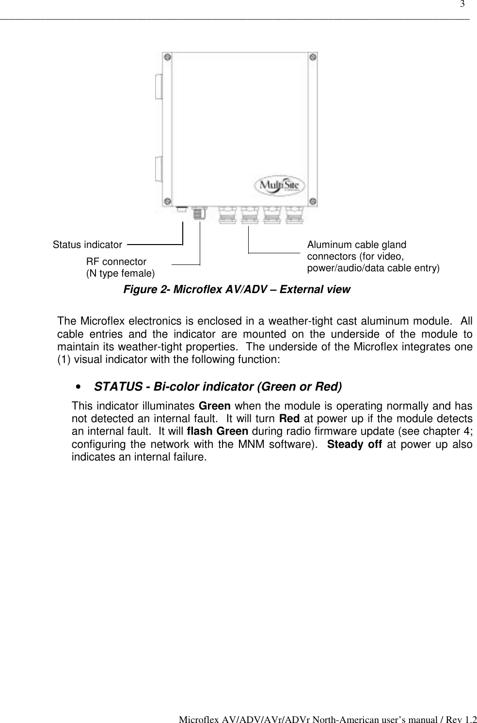    3 _____________________________________________________________________________________________ Microflex AV/ADV/AVr/ADVr North-American user’s manual / Rev 1.2      Figure 2- Microflex AV/ADV – External view  The Microflex electronics is enclosed in a weather-tight cast aluminum module.  All cable entries and the indicator are mounted on the underside of the module to maintain its weather-tight properties.  The underside of the Microflex integrates one (1) visual indicator with the following function:   •  STATUS - Bi-color indicator (Green or Red) This indicator illuminates Green when the module is operating normally and has not detected an internal fault.  It will turn Red at power up if the module detects an internal fault.  It will flash Green during radio firmware update (see chapter 4; configuring the network with the MNM software).  Steady off at power up also indicates an internal failure.   Aluminum cable gland  connectors (for video, power/audio/data cable entry) Status indicatorRF connector  (N type female) 