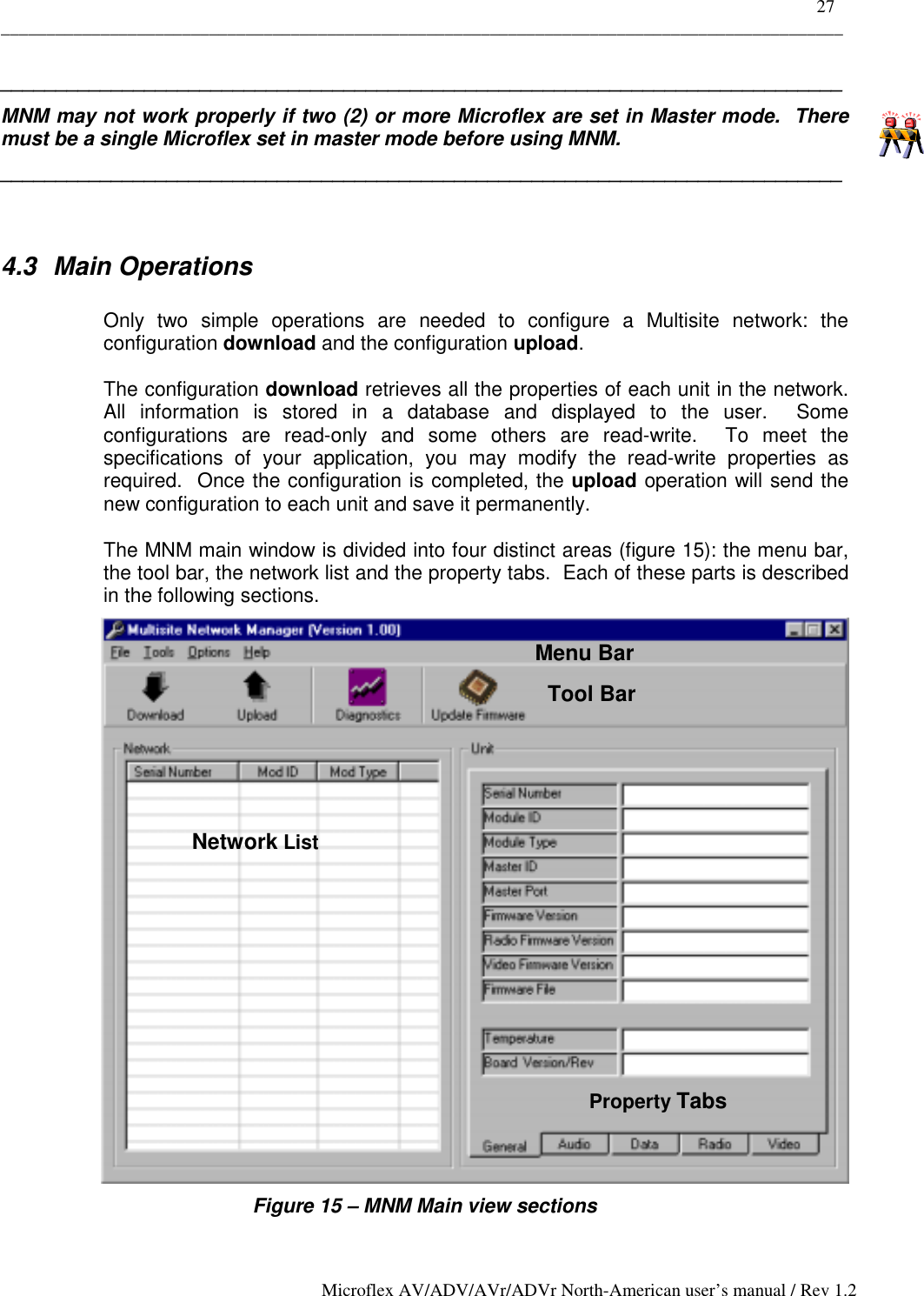    27 _____________________________________________________________________________________________ Microflex AV/ADV/AVr/ADVr North-American user’s manual / Rev 1.2 ____________________________________________________________________________ MNM may not work properly if two (2) or more Microflex are set in Master mode.  There must be a single Microflex set in master mode before using MNM. ____________________________________________________________________________   4.3 Main Operations  Only two simple operations are needed to configure a Multisite network: the configuration download and the configuration upload.  The configuration download retrieves all the properties of each unit in the network.  All information is stored in a database and displayed to the user.  Some configurations are read-only and some others are read-write.  To meet the specifications of your application, you may modify the read-write properties as required.  Once the configuration is completed, the upload operation will send the new configuration to each unit and save it permanently.  The MNM main window is divided into four distinct areas (figure 15): the menu bar, the tool bar, the network list and the property tabs.  Each of these parts is described in the following sections.  Figure 15 – MNM Main view sections Network ListProperty Tabs Tool Bar Menu Bar 