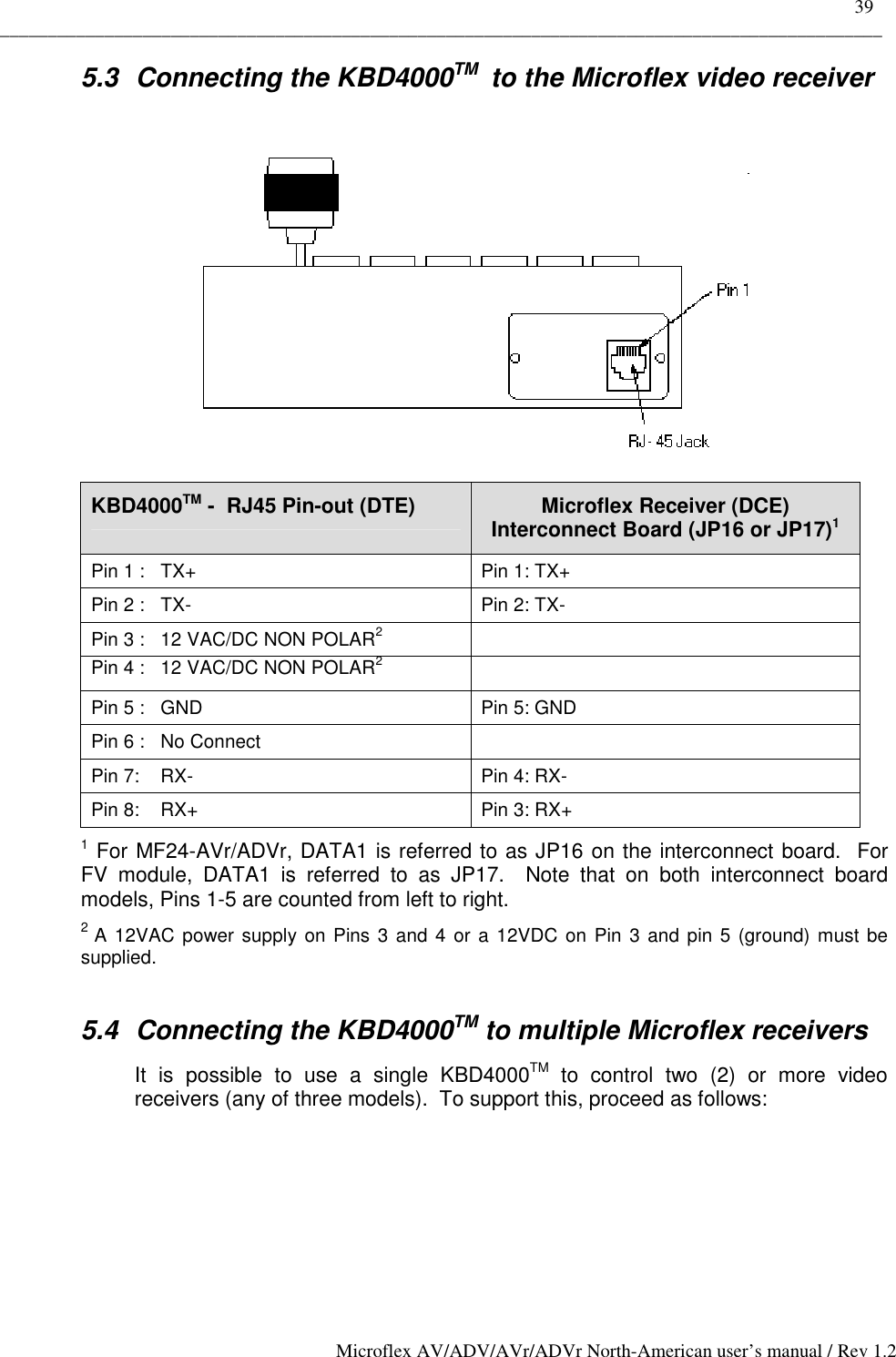    39 _____________________________________________________________________________________________ Microflex AV/ADV/AVr/ADVr North-American user’s manual / Rev 1.2 5.3  Connecting the KBD4000TM  to the Microflex video receiver    KBD4000TM -  RJ45 Pin-out (DTE)  Microflex Receiver (DCE) Interconnect Board (JP16 or JP17)1 Pin 1 :   TX+  Pin 1: TX+   Pin 2 :   TX-  Pin 2: TX-    Pin 3 :   12 VAC/DC NON POLAR2  Pin 4 :   12 VAC/DC NON POLAR2  Pin 5 :   GND  Pin 5: GND   Pin 6 :   No Connect   Pin 7:    RX-  Pin 4: RX-   Pin 8:    RX+  Pin 3: RX+   1 For MF24-AVr/ADVr, DATA1 is referred to as JP16 on the interconnect board.  For FV module, DATA1 is referred to as JP17.  Note that on both interconnect board models, Pins 1-5 are counted from left to right. 2 A 12VAC power supply on Pins 3 and 4 or a 12VDC on Pin 3 and pin 5 (ground) must be supplied.  5.4  Connecting the KBD4000TM to multiple Microflex receivers It is possible to use a single KBD4000TM to control two (2) or more video receivers (any of three models).  To support this, proceed as follows:     