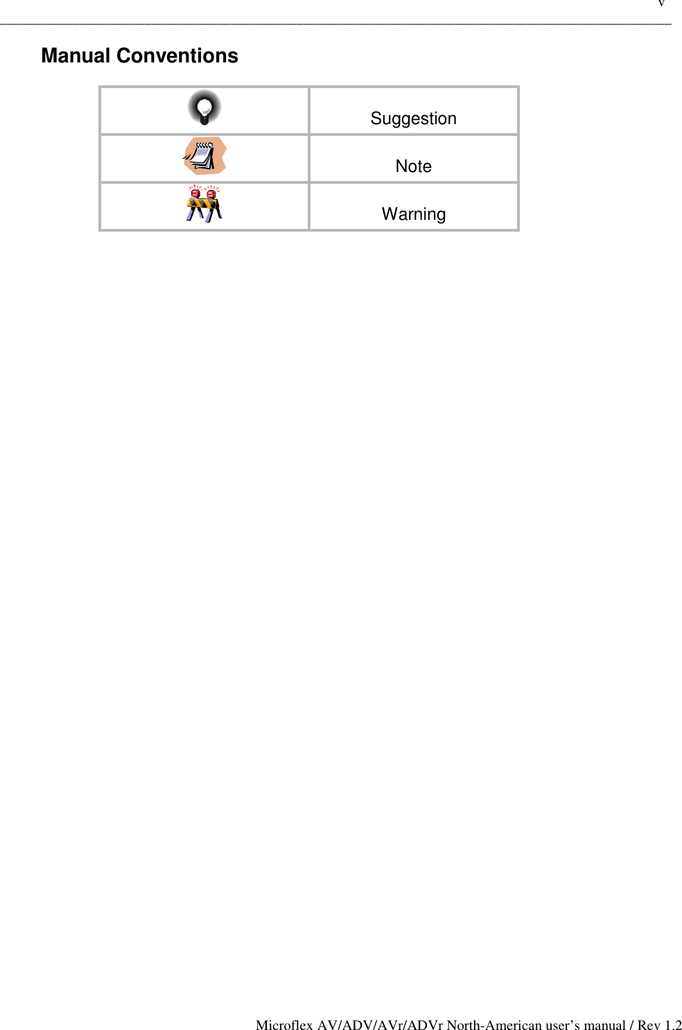    v _____________________________________________________________________________________________ Microflex AV/ADV/AVr/ADVr North-American user’s manual / Rev 1.2 Manual Conventions    Suggestion   Note   Warning 