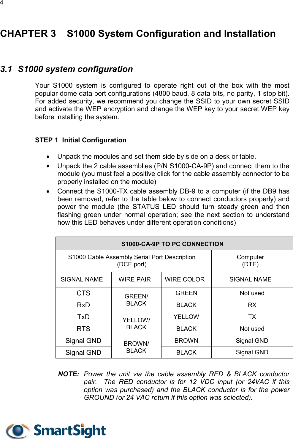 4   CHAPTER 3  S1000 System Configuration and Installation   3.1  S1000 system configuration  Your S1000 system is configured to operate right out of the box with the most popular dome data port configurations (4800 baud, 8 data bits, no parity, 1 stop bit).  For added security, we recommend you change the SSID to your own secret SSID and activate the WEP encryption and change the WEP key to your secret WEP key before installing the system.   STEP 1  Initial Configuration  •  Unpack the modules and set them side by side on a desk or table.  •  Unpack the 2 cable assemblies (P/N S1000-CA-9P) and connect them to the module (you must feel a positive click for the cable assembly connector to be properly installed on the module)  •  Connect the S1000-TX cable assembly DB-9 to a computer (if the DB9 has been removed, refer to the table below to connect conductors properly) and power the module (the STATUS LED should turn steady green and then flashing green under normal operation; see the next section to understand how this LED behaves under different operation conditions)  S1000-CA-9P TO PC CONNECTION S1000 Cable Assembly Serial Port Description      (DCE port) Computer                 (DTE) SIGNAL NAME  WIRE PAIR  WIRE COLOR  SIGNAL NAME CTS  GREEN Not used RxD GREEN/ BLACK  BLACK RX TxD  YELLOW TX RTS YELLOW/ BLACK  BLACK Not used Signal GND  BROWN Signal GND Signal GND BROWN/ BLACK  BLACK  Signal GND  NOTE:  Power the unit via the cable assembly RED &amp; BLACK conductor pair.  The RED conductor is for 12 VDC input (or 24VAC if this option was purchased) and the BLACK conductor is for the power GROUND (or 24 VAC return if this option was selected).  