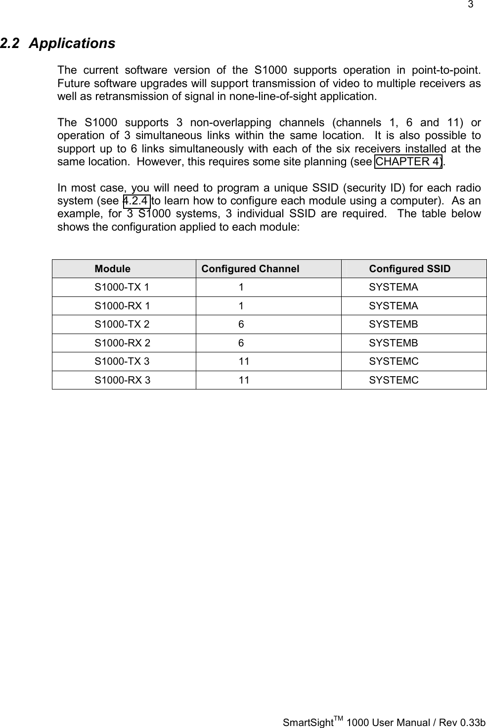    3   SmartSightTM 1000 User Manual / Rev 0.33b  2.2 Applications The current software version of the S1000 supports operation in point-to-point.  Future software upgrades will support transmission of video to multiple receivers as well as retransmission of signal in none-line-of-sight application.     The S1000 supports 3 non-overlapping channels (channels 1, 6 and 11) or operation of 3 simultaneous links within the same location.  It is also possible to support up to 6 links simultaneously with each of the six receivers installed at the same location.  However, this requires some site planning (see CHAPTER 4).      In most case, you will need to program a unique SSID (security ID) for each radio system (see 4.2.4 to learn how to configure each module using a computer).  As an example, for 3 S1000 systems, 3 individual SSID are required.  The table below shows the configuration applied to each module:   Module  Configured Channel  Configured SSID S1000-TX 1    1  SYSTEMA S1000-RX 1    1  SYSTEMA S1000-TX 2    6  SYSTEMB S1000-RX 2    6  SYSTEMB S1000-TX 3    11  SYSTEMC S1000-RX 3    11  SYSTEMC  