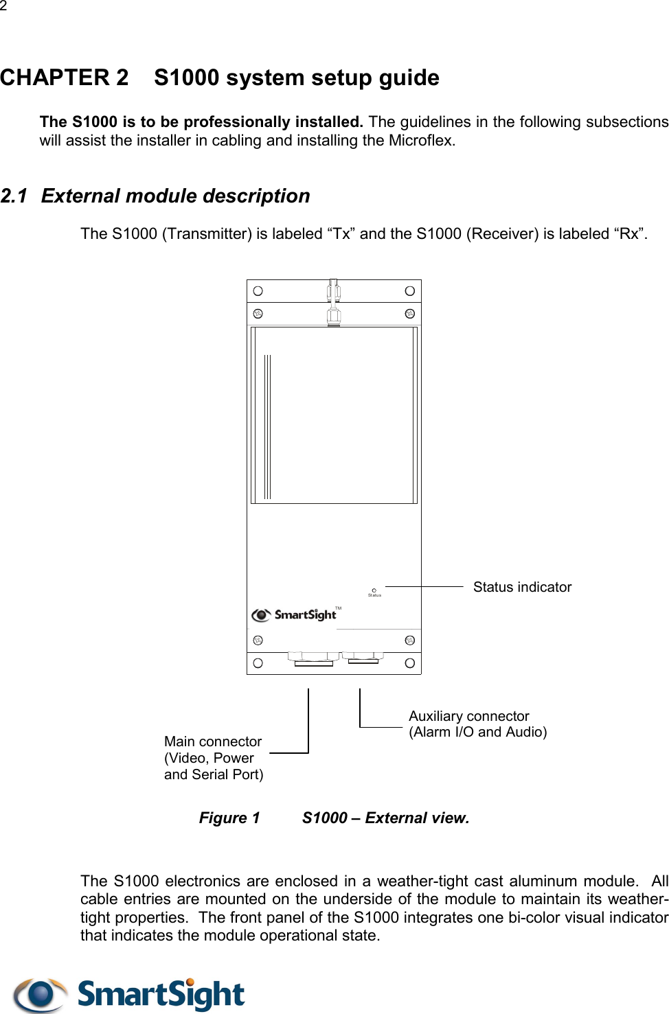 2   CHAPTER 2  S1000 system setup guide   The S1000 is to be professionally installed. The guidelines in the following subsections will assist the installer in cabling and installing the Microflex.  2.1  External module description The S1000 (Transmitter) is labeled “Tx” and the S1000 (Receiver) is labeled “Rx”.   St at usTM      Figure 1  S1000 – External view.   The S1000 electronics are enclosed in a weather-tight cast aluminum module.  All cable entries are mounted on the underside of the module to maintain its weather-tight properties.  The front panel of the S1000 integrates one bi-color visual indicator that indicates the module operational state. Main connector (Video, Power and Serial Port) Auxiliary connector (Alarm I/O and Audio) Status indicator 