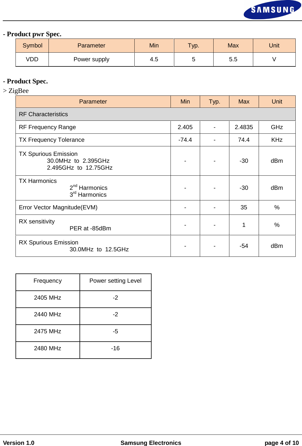                                                                                                                                                                    Version 1.0 Samsung Electronics page 4 of 10     - Product pwr Spec. Symbol Parameter Min Typ. Max Unit VDD Power supply 4.5  5  5.5  V  - Product Spec. &gt; ZigBee Parameter Min Typ. Max Unit RF Characteristics RF Frequency Range 2.405  -  2.4835 GHz TX Frequency Tolerance  -74.4  -  74.4 KHz TX Spurious Emission                  30.0MHz  to  2.395GHz                  2.495GHz  to  12.75GHz -  -  -30  dBm TX Harmonics 2nd Harmonics 3rd Harmonics -  -  -30  dBm Error Vector Magnitude(EVM)  -  -  35  % RX sensitivity       PER at -85dBm -  -  1  % RX Spurious Emission 30.0MHz  to  12.5GHz -  -  -54 dBm  Frequency Power setting Level 2405 MHz  -2 2440 MHz  -2 2475 MHz  -5 2480 MHz  -16  