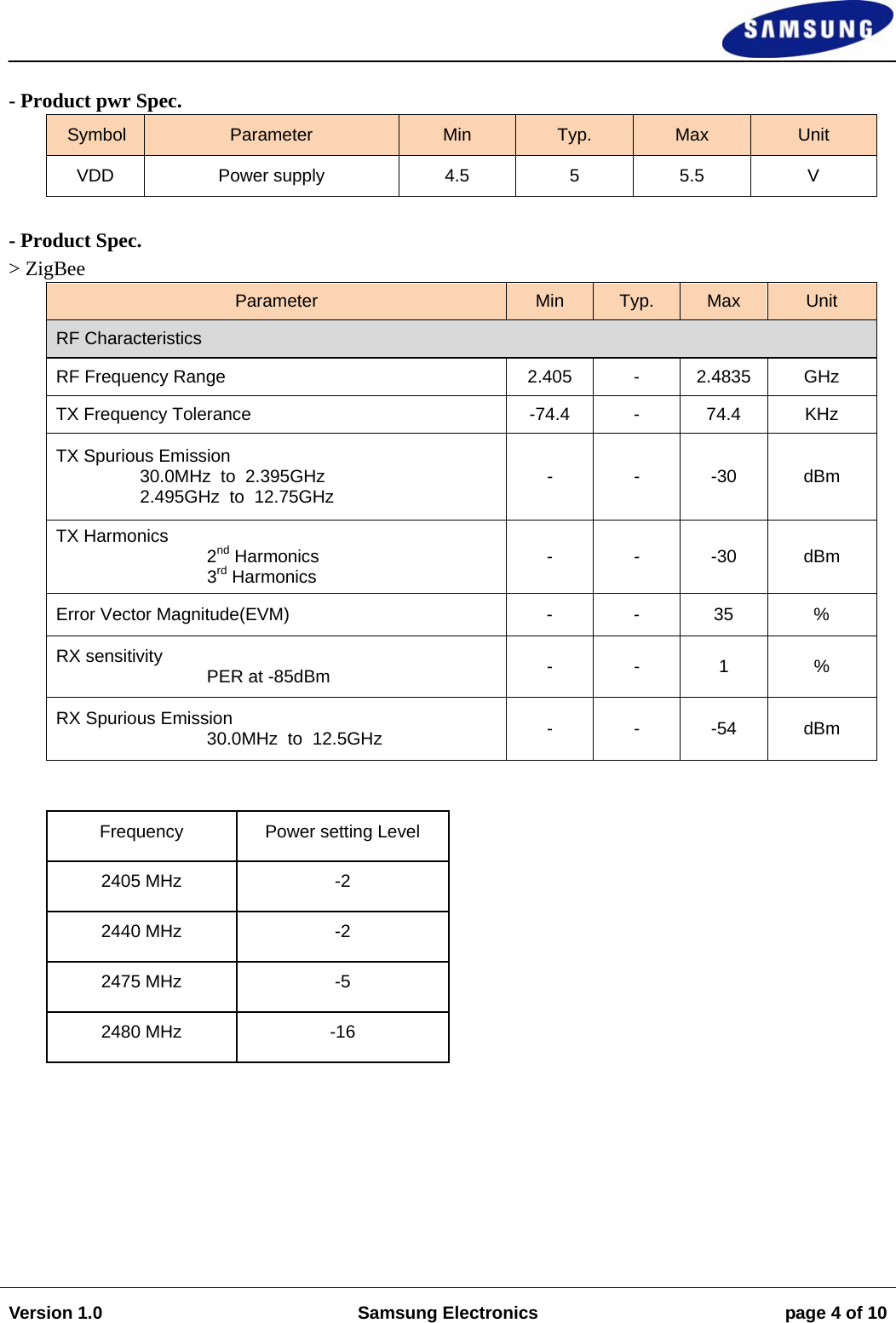                                                                                                                                                                    Version 1.0  Samsung Electronics  page 4 of 10    - Product pwr Spec. Symbol  Parameter  Min  Typ.  Max  Unit VDD  Power supply  4.5 5 5.5  V  - Product Spec. &gt; ZigBee Parameter  Min  Typ.  Max  Unit RF Characteristics RF Frequency Range  2.405  -  2.4835  GHz TX Frequency Tolerance  -74.4  -  74.4  KHz TX Spurious Emission                  30.0MHz  to  2.395GHz                  2.495GHz  to  12.75GHz  - - -30 dBm TX Harmonics  2nd Harmonics 3rd Harmonics  - - -30 dBm Error Vector Magnitude(EVM)  -  -  35  % RX sensitivity       PER at -85dBm  - - 1  % RX Spurious Emission 30.0MHz  to  12.5GHz  - - -54 dBm  Frequency  Power setting Level 2405 MHz  -2 2440 MHz  -2 2475 MHz  -5 2480 MHz  -16  