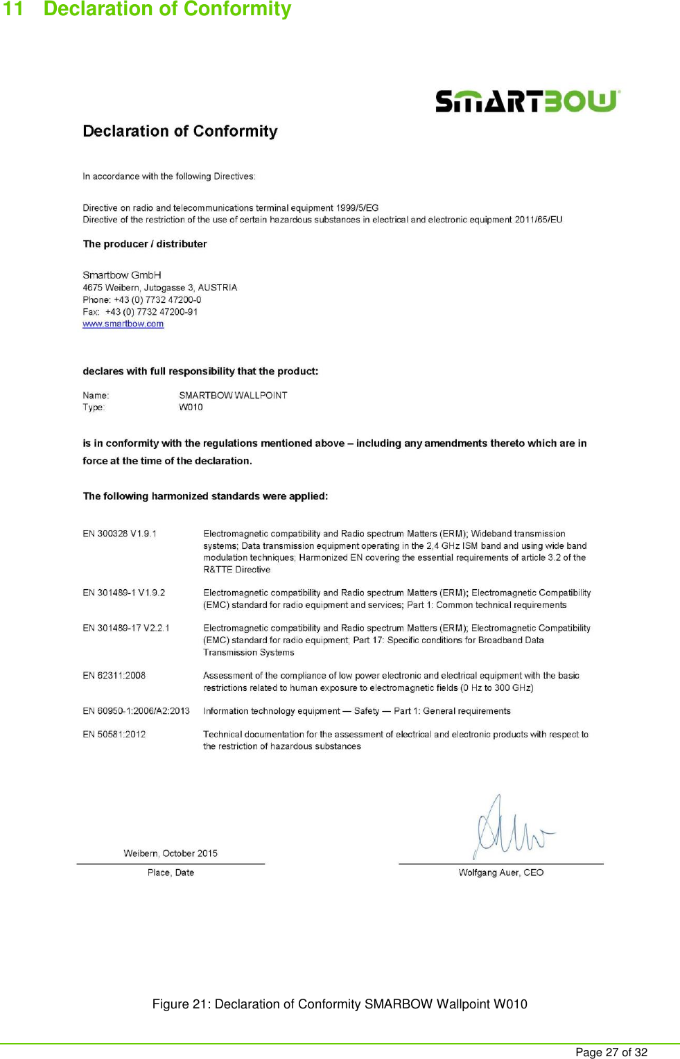     Page 27 of 32 11  Declaration of Conformity  Figure 21: Declaration of Conformity SMARBOW Wallpoint W010 