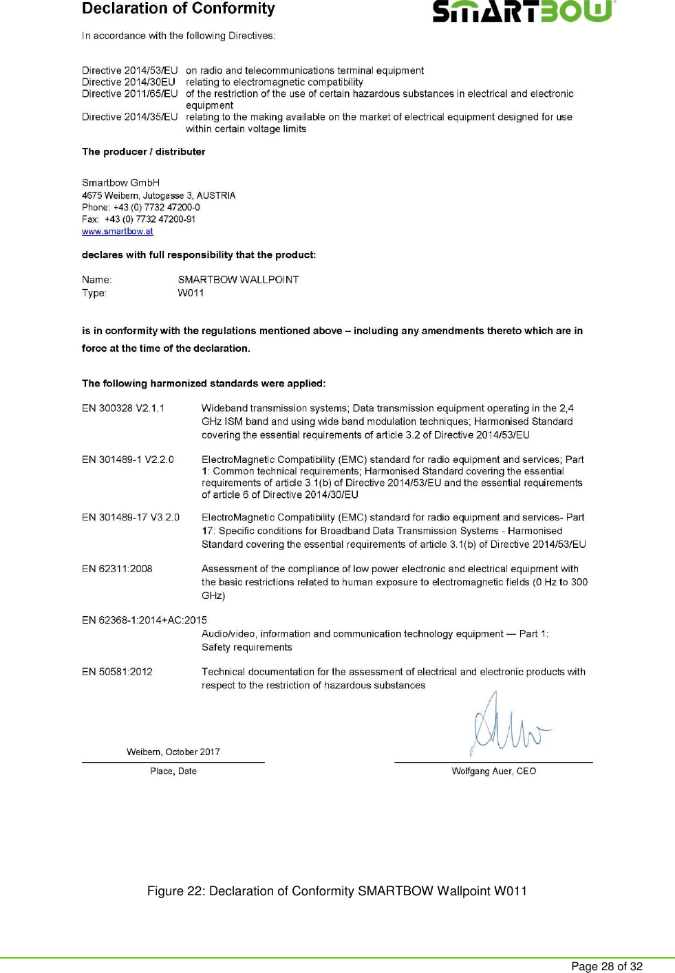     Page 28 of 32 Figure 22: Declaration of Conformity SMARTBOW Wallpoint W011 