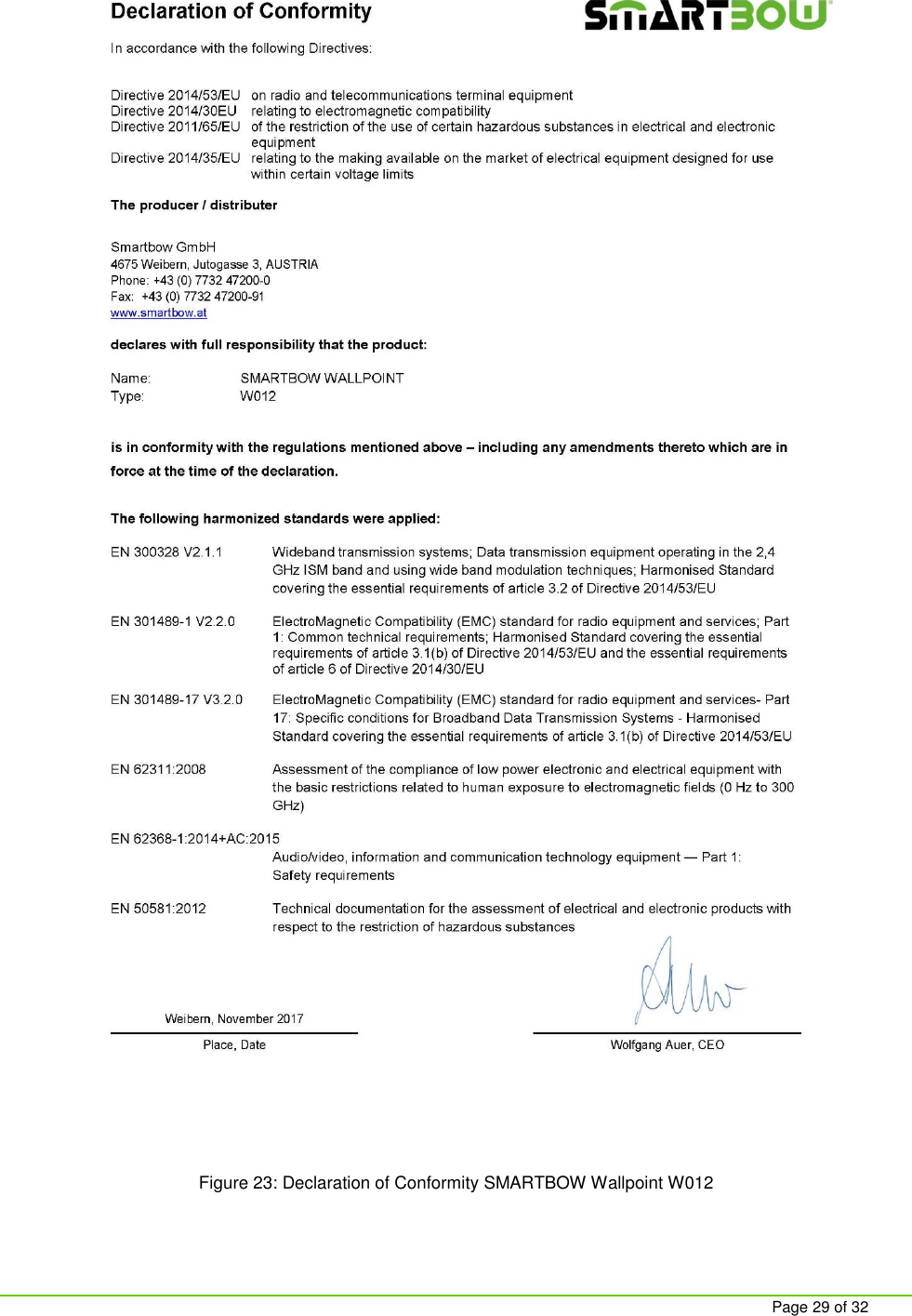     Page 29 of 32 Figure 23: Declaration of Conformity SMARTBOW Wallpoint W012 