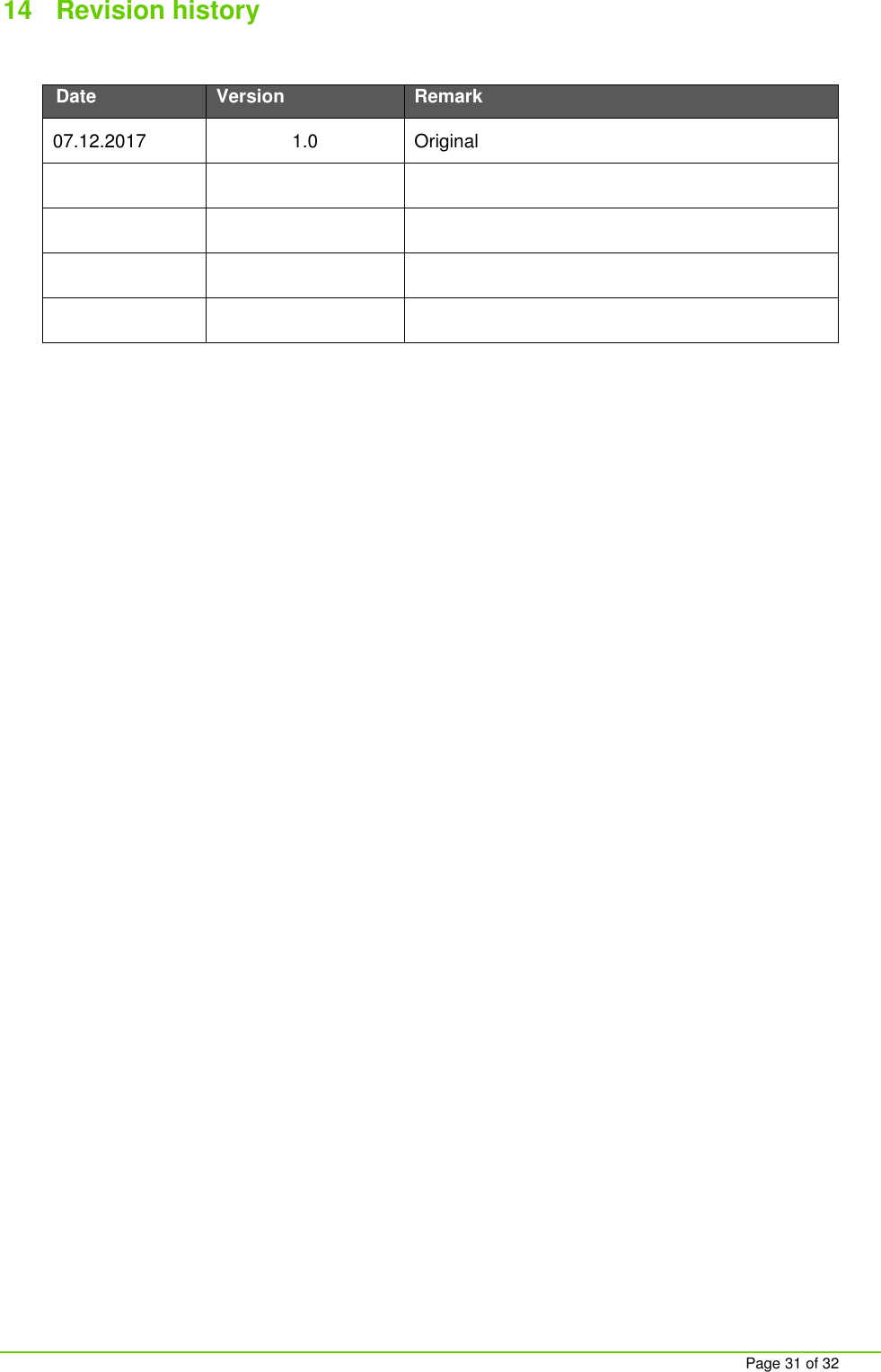     Page 31 of 32 14  Revision history  Date Version Remark 07.12.2017 1.0 Original               