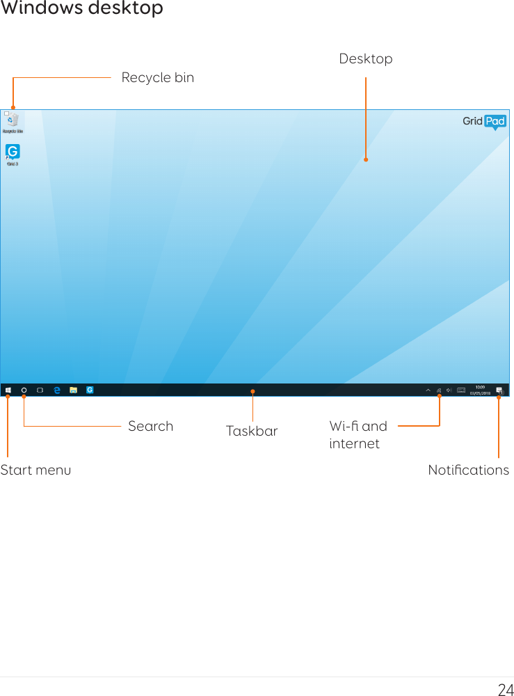 24Start menu NotiﬁcationsSearch Taskbar Wi-ﬁ and internetWindows desktopRecycle binDesktop