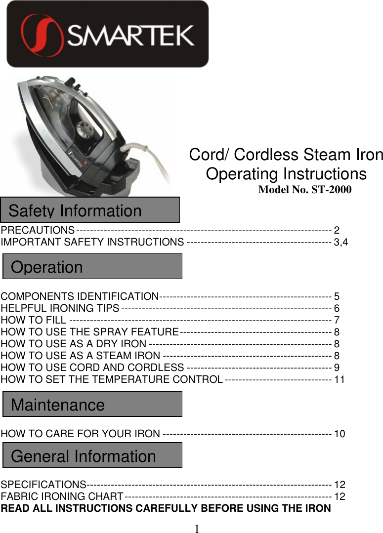 Page 1 of 12 - Smartek Smartek-St-2000-Users-Manual ST-2000 Manual