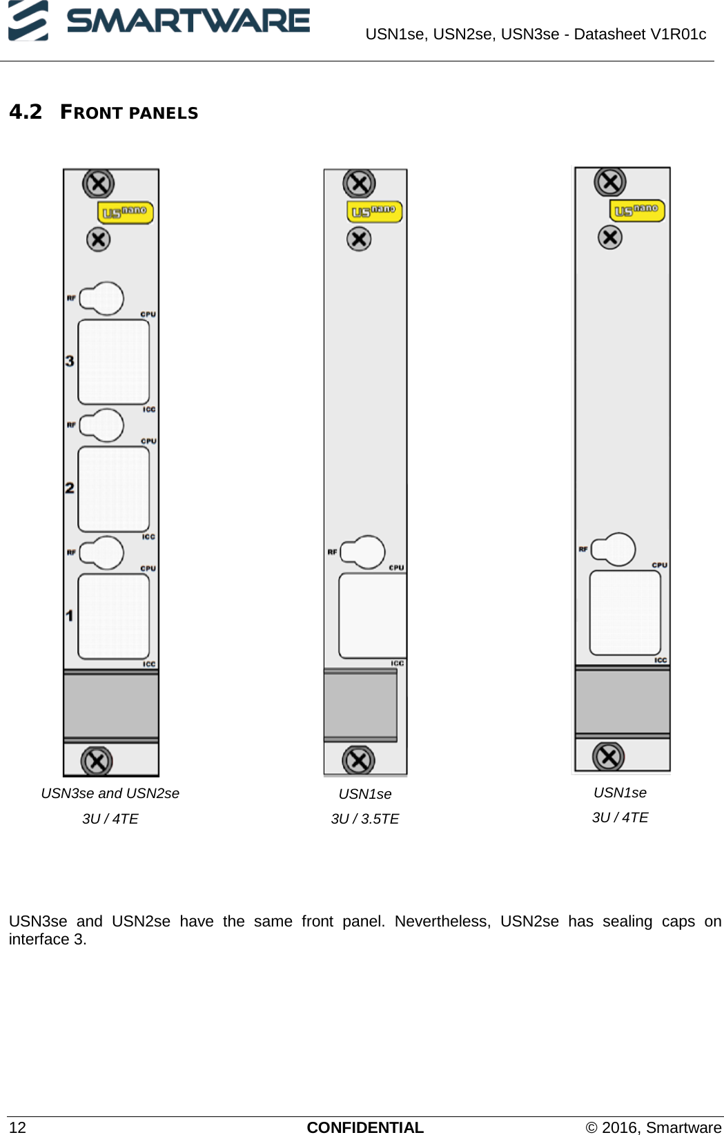  USN1se, USN2se, USN3se - Datasheet V1R01c  12 CONFIDENTIAL © 2016, Smartware 4.2 FRONT PANELS   USN3se and USN2se 3U / 4TE   USN1se  3U / 3.5TE   USN1se 3U / 4TE     USN3se and USN2se have the same front panel. Nevertheless, USN2se has sealing caps on interface 3.   