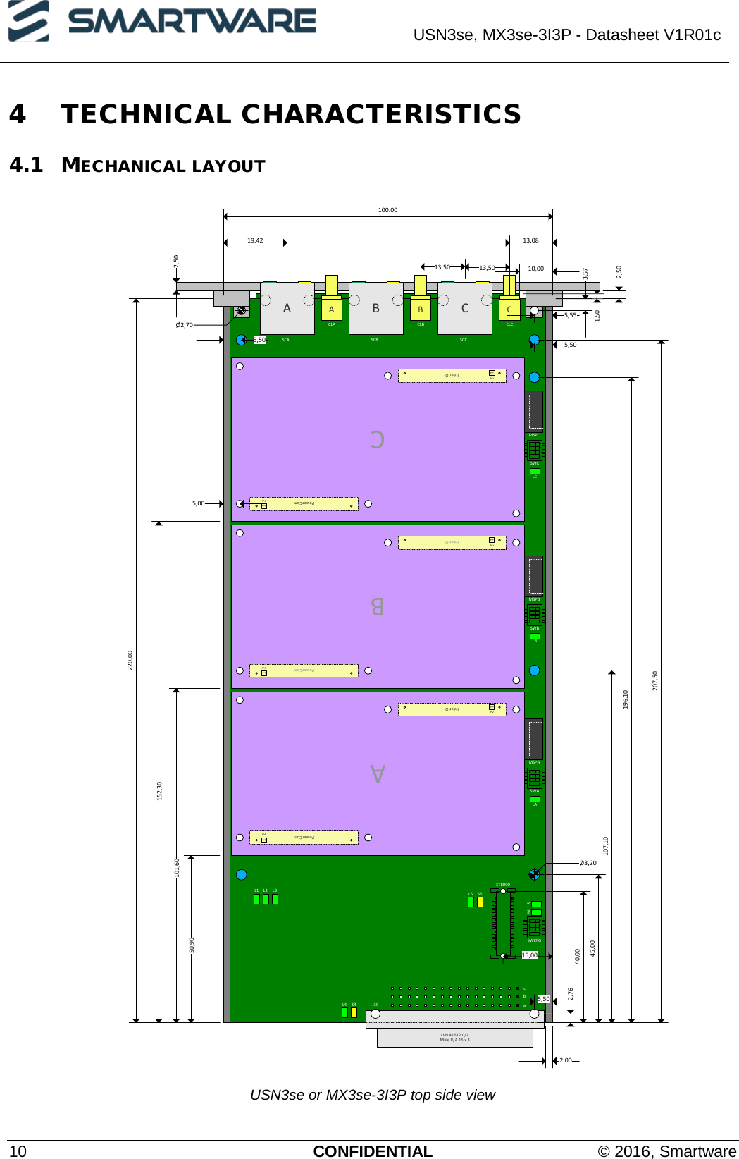  USN3se, MX3se-3I3P - Datasheet V1R01c  10 CONFIDENTIAL © 2016, Smartware 4 TECHNICAL CHARACTERISTICS 4.1 MECHANICAL LAYOUT 220.0010,002,50100.00abcDIN 41612 C/2Mâle R/A 16 x 313,50 13,502,765,502.0050,9012 3 4101,60152,30A B C CBA13.0819.425,501 2 3 4InterIOPowerComA1 2122,50196,10107,1045,00Ø3,20207,503,575,551,505,50Ø2,70A1MSL4L1 L2 L3S4L5 S515,0040,00LASWCFGSWAMSPA12 3 4InterIOPowerComB1 21 2LBSWBMSPB12 3 4InterIOPowerComC1 21 25,00LCSWCMSPCJ30SCACLASCBCLBSCCCLCST8000 USN3se or MX3se-3I3P top side view 