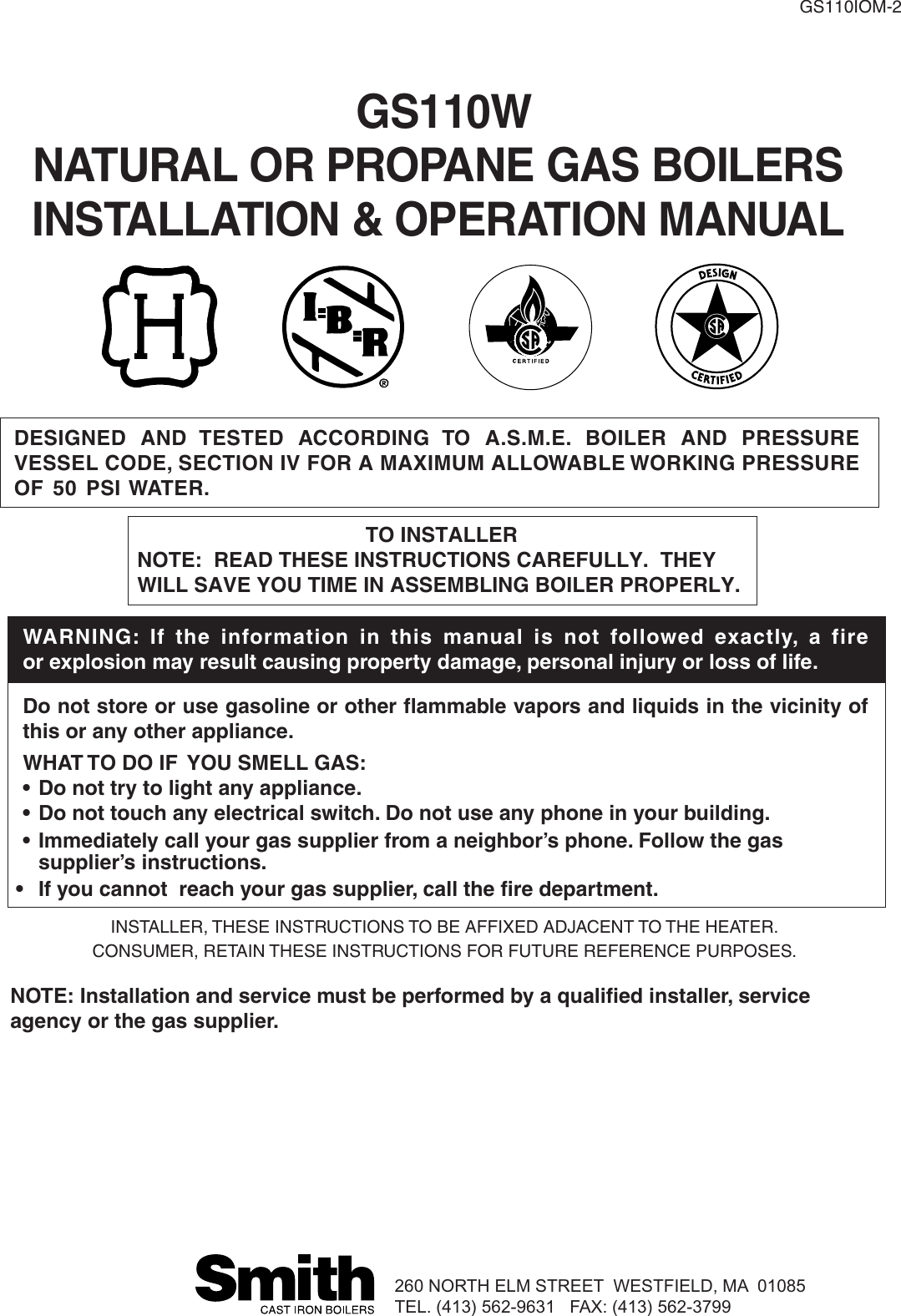 Smith Cast Iron Boilers Gs110W Users Manual GS110IOM 2