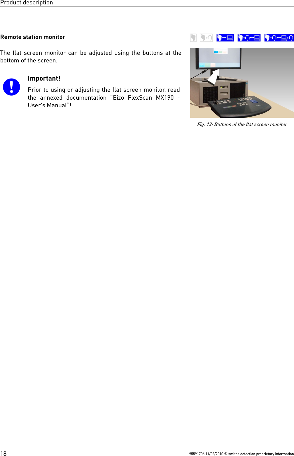 Product descriptionRemote station monitorThe flat screen monitor can be adjusted using the buttons at thebottom of the screen.Important!Prior to using or adjusting the flat screen monitor, readthe  annexed  documentation  “Eizo  FlexScan  MX190  -User&apos;s Manual“!95591706 11/02/2010 © smiths detection proprietary information18Fig. 13: Buttons of the flat screen monitor