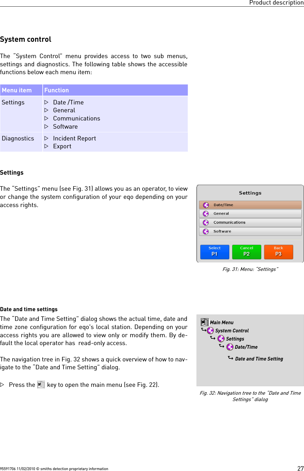 Product descriptionSystem controlThe “System Control” menu provides access to two sub menus,settings and diagnostics. The following table shows the accessiblefunctions below each menu item:Menu item FunctionSettings Date /TimeGeneralCommunicationsSoftwareDiagnostics Incident ReportExportSettingsThe “Settings” menu (see Fig. 31) allows you as an operator, to viewor change the system configuration of your eqo depending on youraccess rights.Date and time settingsThe “Date and Time Setting” dialog shows the actual time, date andtime zone configuration for eqo&apos;s local station. Depending on youraccess rights you are allowed to view only or modify them. By de-fault the local operator has  read-only access.The navigation tree in Fig. 32 shows a quick overview of how to nav-igate to the “Date and Time Setting” dialog.Press the 8 key to open the main menu (see Fig. 22).95591706 11/02/2010 © smiths detection proprietary informationFig. 31: Menu: “Settings”Fig. 32: Navigation tree to the “Date and TimeSettings” dialog8 Main Menu$ System Control$  Settings$  Date/Time$ Date and Time Setting27