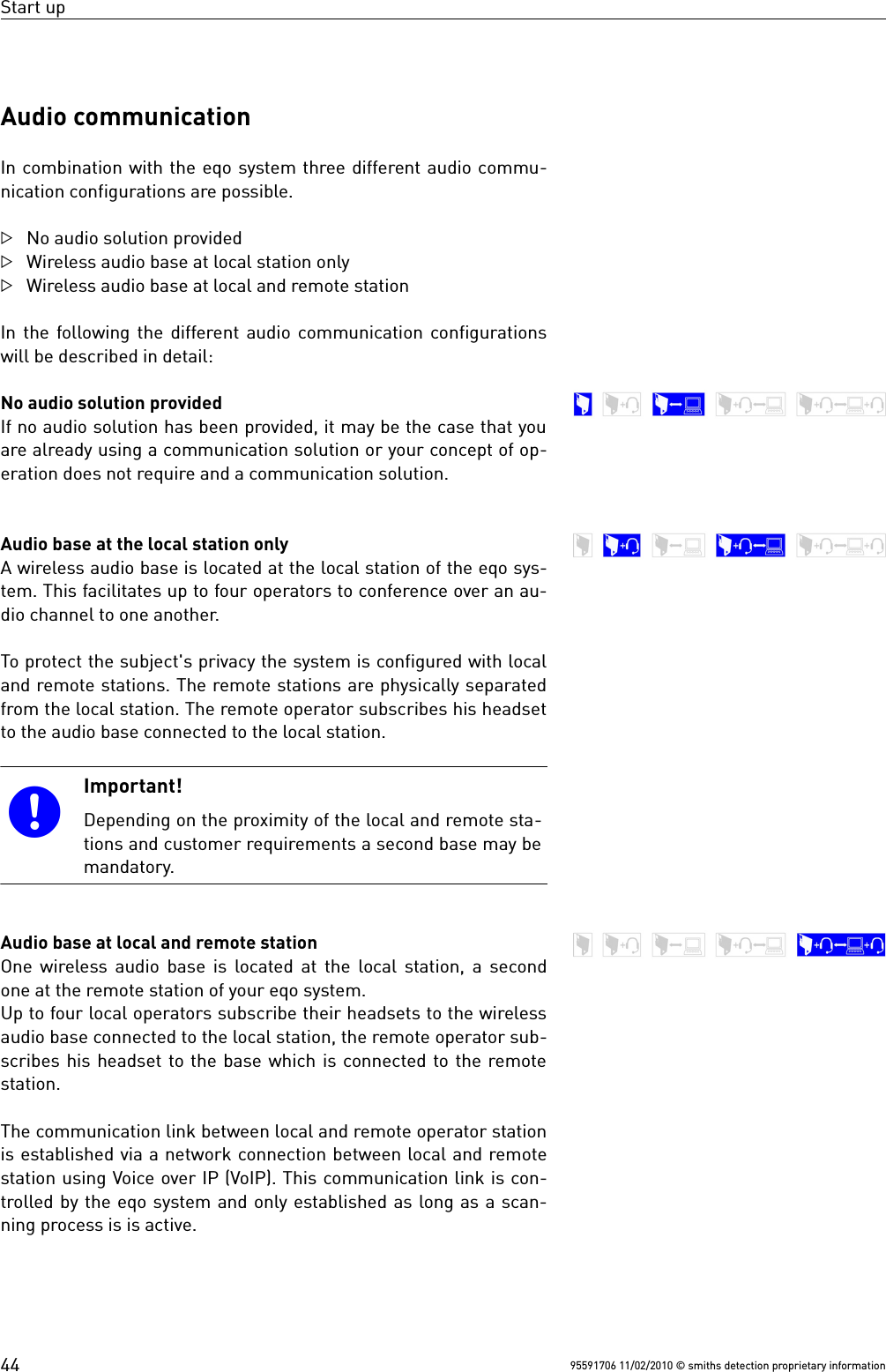 Start upAudio communicationIn combination with the eqo system three different audio commu-nication configurations are possible. No audio solution providedWireless audio base at local station onlyWireless audio base at local and remote stationIn the following the different audio communication configurationswill be described in detail:No audio solution providedIf no audio solution has been provided, it may be the case that youare already using a communication solution or your concept of op-eration does not require and a communication solution.Audio base at the local station onlyA wireless audio base is located at the local station of the eqo sys-tem. This facilitates up to four operators to conference over an au-dio channel to one another. To protect the subject&apos;s privacy the system is configured with localand remote stations. The remote stations are physically separatedfrom the local station. The remote operator subscribes his headsetto the audio base connected to the local station.Important!Depending on the proximity of the local and remote sta-tions and customer requirements a second base may bemandatory.Audio base at local and remote stationOne wireless audio base is located at the local station, a secondone at the remote station of your eqo system.Up to four local operators subscribe their headsets to the wirelessaudio base connected to the local station, the remote operator sub-scribes his headset to the base which is connected to the remotestation.The communication link between local and remote operator stationis established via a network connection between local and remotestation using Voice over IP (VoIP). This communication link is con-trolled by the eqo system and only established as long as a scan-ning process is is active.95591706 11/02/2010 © smiths detection proprietary information44