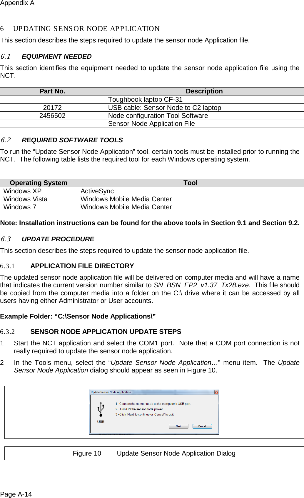 Appendix A Page A-14  6 UPDATING SENSOR NODE AP P LICATION This section describes the steps required to update the sensor node Application file.  6.1 EQUIPMENT NEEDED This section identifies the equipment needed to update the sensor node application file using the NCT.  Part No. Description  Toughbook laptop CF-31  20172 USB cable: Sensor Node to C2 laptop 2456502 Node configuration Tool Software  Sensor Node Application File  6.2 REQUIRED SOFTWARE TOOLS To run the “Update Sensor Node Application” tool, certain tools must be installed prior to running the NCT.  The following table lists the required tool for each Windows operating system.   Operating System Tool Windows XP ActiveSync Windows Vista Windows Mobile Media Center Windows 7 Windows Mobile Media Center  Note: Installation instructions can be found for the above tools in Section 9.1 and Section 9.2.  6.3 UPDATE PROCEDURE This section describes the steps required to update the sensor node application file.  6.3.1 APPLICATION FILE DIRECTORY The updated sensor node application file will be delivered on computer media and will have a name that indicates the current version number similar to SN_BSN_EP2_v1.37_Tx28.exe.  This file should be copied from the computer media into a folder on the C:\ drive where it can be accessed by all users having either Administrator or User accounts.   Example Folder: “C:\Sensor Node Applications\”  6.3.2 SENSOR NODE APPLICATION UPDATE STEPS 1  Start the NCT application and select the COM1 port.  Note that a COM port connection is not really required to update the sensor node application. 2  In the Tools menu, select the “Update Sensor Node Application…” menu item.  The Update Sensor Node Application dialog should appear as seen in Figure 10.    Figure 10 Update Sensor Node Application Dialog  