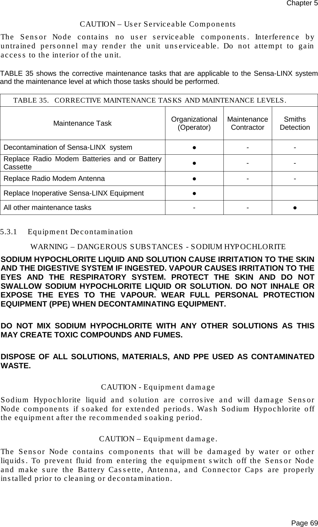 Chapter 5 Page 69 CAUTION – User Serviceable Components The Sensor Node contains no user serviceable components. Interference by untrained personnel may render the unit unserviceable. Do not attempt to gain access to the interior of the unit.  TABLE 35 shows the corrective maintenance tasks that are applicable to the Sensa-LINX system and the maintenance level at which those tasks should be performed.  TABLE 35. CORRECTIVE MAINTENANCE TASKS AND MAINTENANCE LEVELS. Maintenance Task Organizational (Operator) Maintenance Contractor Smiths Detection Decontamination of Sensa-LINX  system ●  -  - Replace Radio Modem Batteries and or Battery Cassette ●  -  - Replace Radio Modem Antenna ●  -  - Replace Inoperative Sensa-LINX Equipment ●     All other maintenance tasks  -  -  ●  5.3.1 Equipment Decontamination WARNING – DANGEROUS SUBSTANCES - SODIUM HYPOCHLORITE SODIUM HYPOCHLORITE LIQUID AND SOLUTION CAUSE IRRITATION TO THE SKIN AND THE DIGESTIVE SYSTEM IF INGESTED. VAPOUR CAUSES IRRITATION TO THE EYES AND THE RESPIRATORY SYSTEM. PROTECT THE SKIN AND DO NOT SWALLOW SODIUM HYPOCHLORITE LIQUID OR SOLUTION. DO NOT INHALE OR EXPOSE THE EYES TO THE VAPOUR. WEAR FULL PERSONAL PROTECTION EQUIPMENT (PPE) WHEN DECONTAMINATING EQUIPMENT.  DO NOT MIX SODIUM HYPOCHLORITE WITH ANY OTHER SOLUTIONS AS THIS MAY CREATE TOXIC COMPOUNDS AND FUMES.  DISPOSE OF ALL SOLUTIONS, MATERIALS, AND PPE USED AS CONTAMINATED WASTE.  CAUTION - Equipment damage Sodium Hypochlorite liquid and solution are corrosive and will damage Sensor Node components if soaked for extended periods. Wash Sodium Hypochlorite off the equipment after the recommended soaking period.  CAUTION – Equipment damage. The Sensor Node contains components that will be damaged by water or other liquids. To prevent fluid from entering the equipment switch off the Sensor Node and make sure the Battery Cassette, Antenna, and Connector Caps are properly installed prior to cleaning or decontamination.  