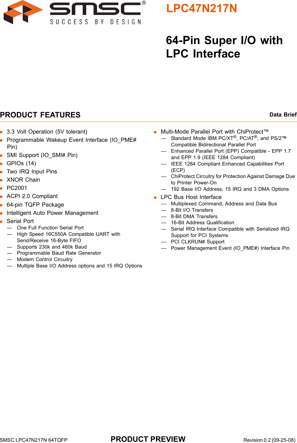 Page 1 of 5 - Smsc Smsc-Lpc47N217N-Users-Manual- LPC47N217N - 64-Pin Super I/O With LPC Interface Data Brief  Smsc-lpc47n217n-users-manual