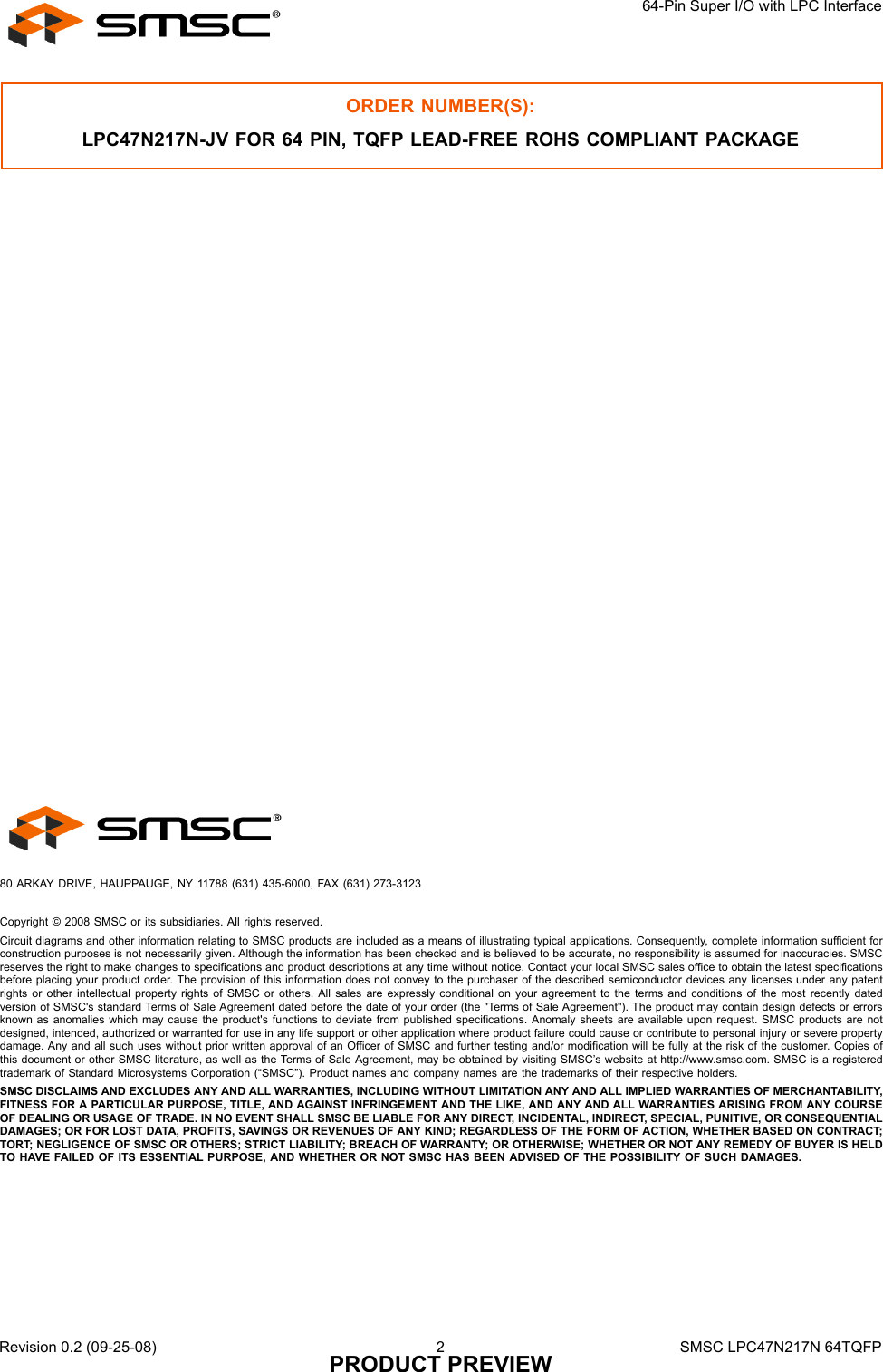 Page 2 of 5 - Smsc Smsc-Lpc47N217N-Users-Manual- LPC47N217N - 64-Pin Super I/O With LPC Interface Data Brief  Smsc-lpc47n217n-users-manual