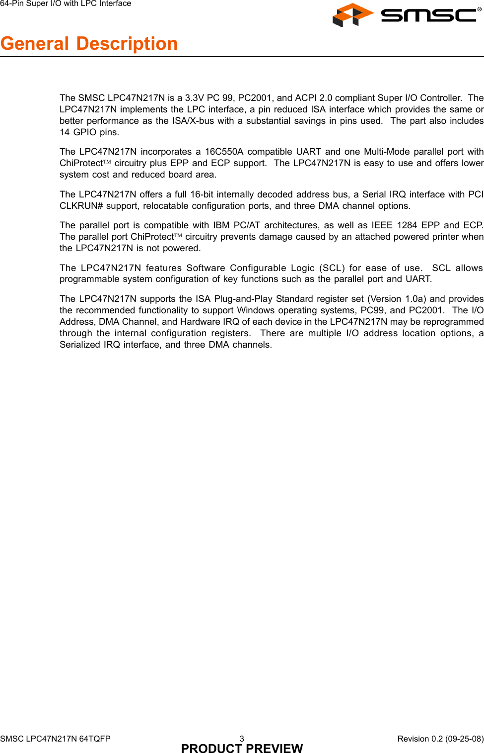 Page 3 of 5 - Smsc Smsc-Lpc47N217N-Users-Manual- LPC47N217N - 64-Pin Super I/O With LPC Interface Data Brief  Smsc-lpc47n217n-users-manual