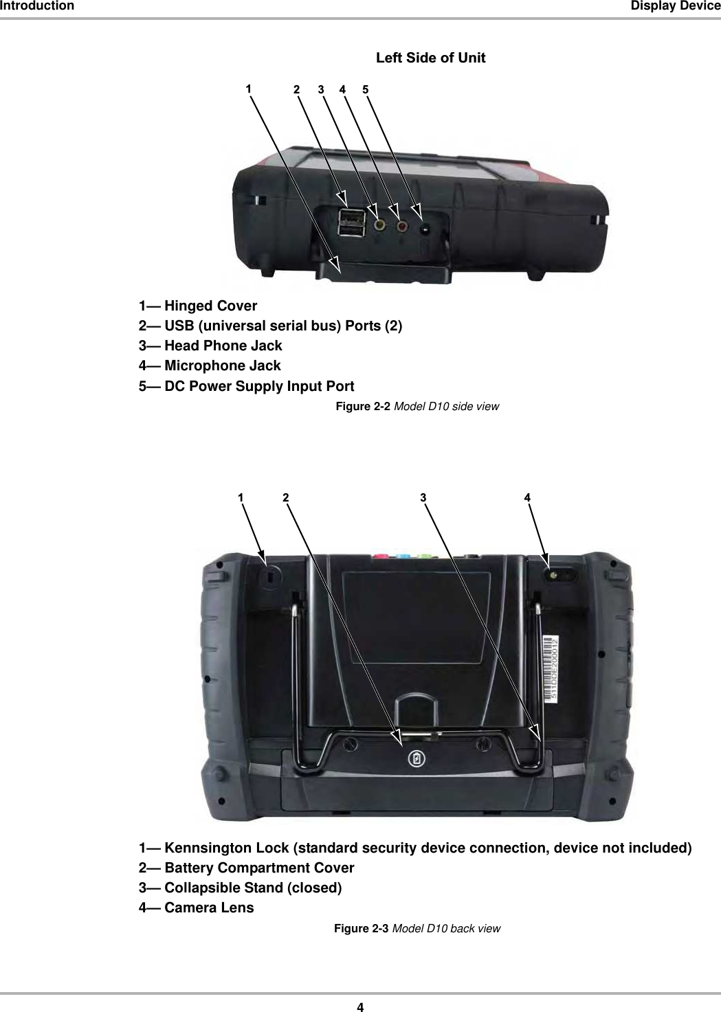 4Introduction Display Device1— Hinged Cover2— USB (universal serial bus) Ports (2)3— Head Phone Jack4— Microphone Jack5— DC Power Supply Input PortFigure 2-2 Model D10 side view1— Kennsington Lock (standard security device connection, device not included)2— Battery Compartment Cover3— Collapsible Stand (closed)4— Camera LensFigure 2-3 Model D10 back view/HIW6LGHRI8QLW