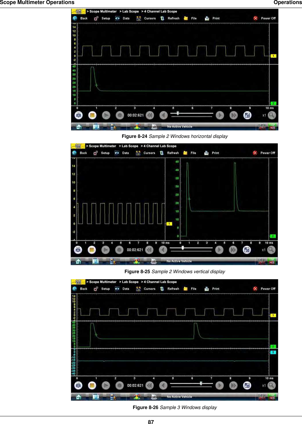 87Scope Multimeter Operations OperationsFigure 8-24 Sample 2 Windows horizontal displayFigure 8-25 Sample 2 Windows vertical displayFigure 8-26 Sample 3 Windows display