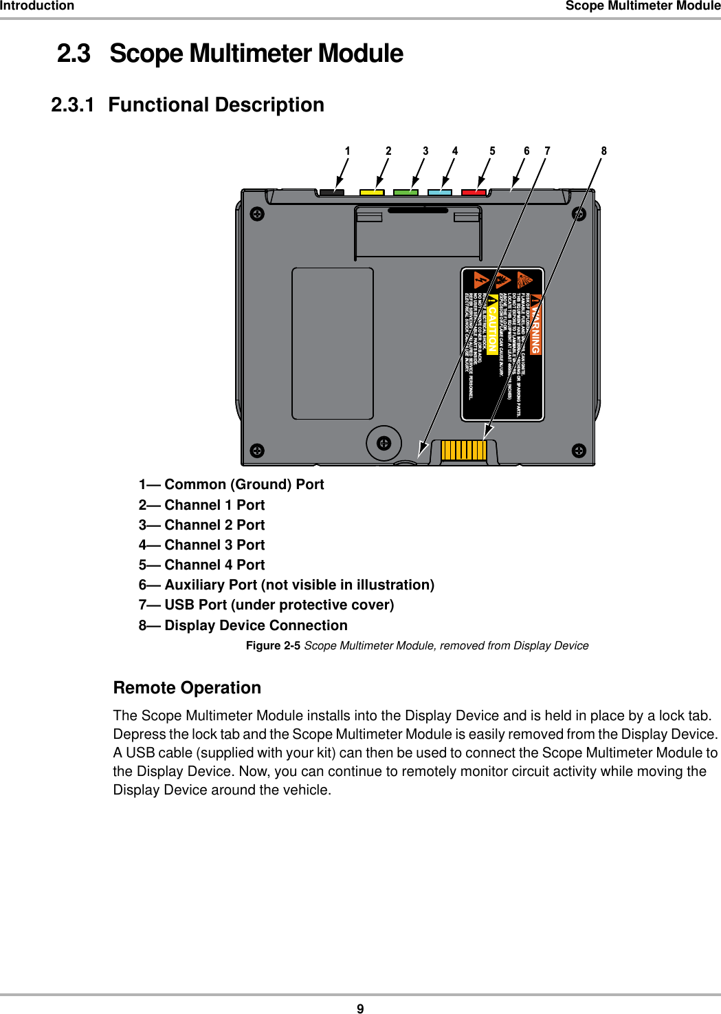 9Introduction Scope Multimeter Module2.3   Scope Multimeter Module2.3.1  Functional Description1— Common (Ground) Port2— Channel 1 Port3— Channel 2 Port4— Channel 3 Port5— Channel 4 Port6— Auxiliary Port (not visible in illustration)7— USB Port (under protective cover)8— Display Device ConnectionFigure 2-5 Scope Multimeter Module, removed from Display DeviceRemote OperationThe Scope Multimeter Module installs into the Display Device and is held in place by a lock tab. Depress the lock tab and the Scope Multimeter Module is easily removed from the Display Device. A USB cable (supplied with your kit) can then be used to connect the Scope Multimeter Module to the Display Device. Now, you can continue to remotely monitor circuit activity while moving the Display Device around the vehicle.:$51,1*&amp;$87,215,6.2)(;3/26,21)/$0$%/()8(/$1&apos;9$3256&amp;$1,*1,7(7+,6(48,30(17+$6,17(51$/$5&amp;+,1*2563$5.,1*3$576&apos;2127(;326(72)/$00$%/(9$3256/2&amp;$7(7+,6(48,30(17$7/($67PP,1&amp;+(6$%29(7+()/2255,6.2)(/(&amp;75,&amp;$/6+2&amp;.&apos;21275(029(&amp;29(525%$&amp;.1286(56(59,&amp;$%/(3$576,16,&apos;(5()(56(59,&amp;,1*7248$/,),(&apos;6(59,&amp;(3(56211(/(;3/26,2125)/$0(&amp;$1&amp;$86(,1-85&lt;(/(&amp;75,&amp;$/6+2&amp;.&amp;$1&amp;$86(,1-85&lt;