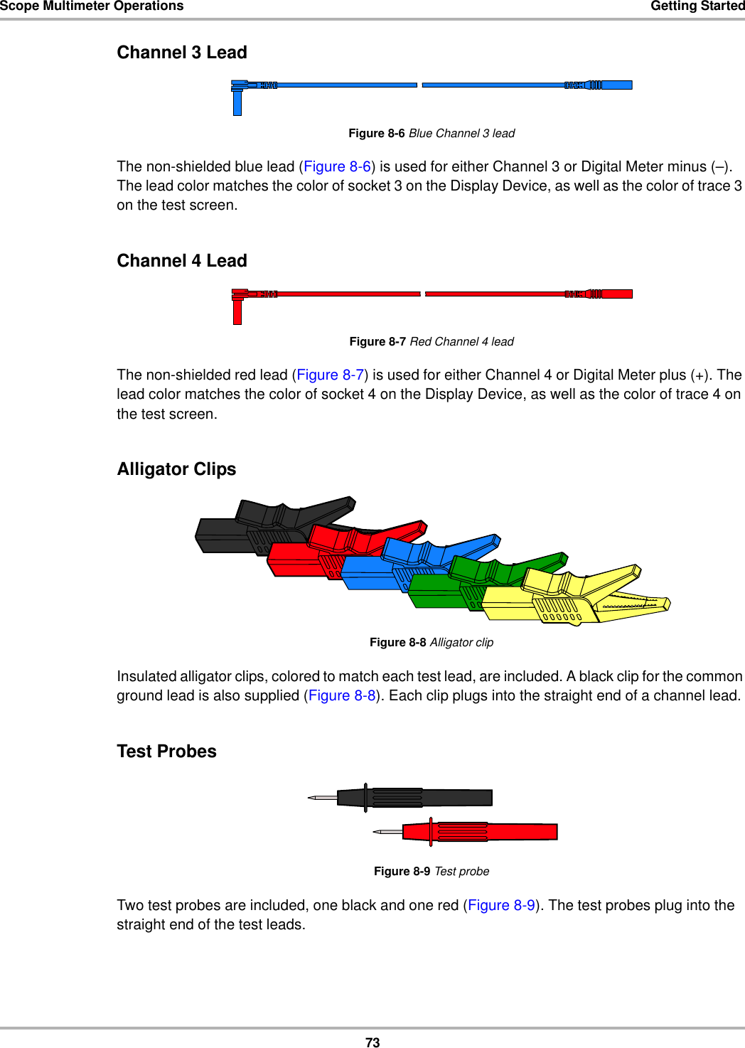 73Scope Multimeter Operations Getting StartedChannel 3 Lead Figure 8-6 Blue Channel 3 leadThe non-shielded blue lead (Figure 8-6) is used for either Channel 3 or Digital Meter minus (–). The lead color matches the color of socket 3 on the Display Device, as well as the color of trace 3 on the test screen.Channel 4 LeadFigure 8-7 Red Channel 4 leadThe non-shielded red lead (Figure 8-7) is used for either Channel 4 or Digital Meter plus (+). The lead color matches the color of socket 4 on the Display Device, as well as the color of trace 4 on the test screen.Alligator ClipsFigure 8-8 Alligator clipInsulated alligator clips, colored to match each test lead, are included. A black clip for the common ground lead is also supplied (Figure 8-8). Each clip plugs into the straight end of a channel lead.Test ProbesFigure 8-9 Test probeTwo test probes are included, one black and one red (Figure 8-9). The test probes plug into the straight end of the test leads.