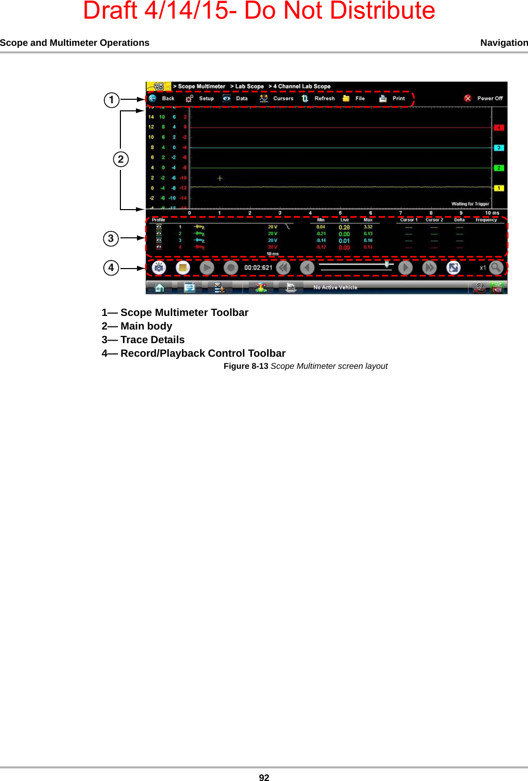 Draft 4/14/15- Do Not Distribute92Scope and Multimeter Operations Navigation1— Scope Multimeter Toolbar2— Main body3— Trace Details4— Record/Playback Control ToolbarFigure 8-13 Scope Multimeter screen layout