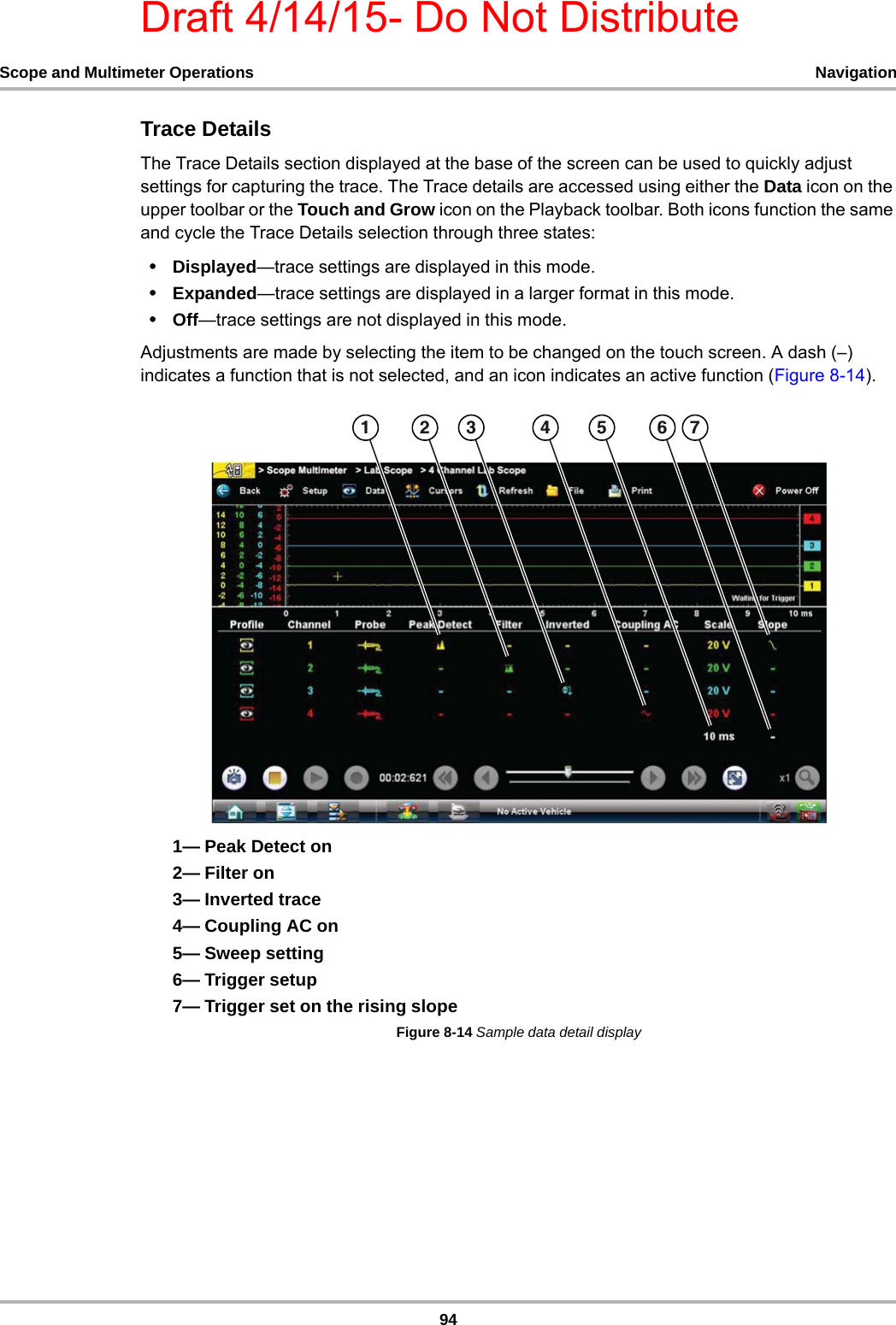 Draft 4/14/15- Do Not Distribute94Scope and Multimeter Operations NavigationTrace DetailsThe Trace Details section displayed at the base of the screen can be used to quickly adjust settings for capturing the trace. The Trace details are accessed using either the Data icon on the upper toolbar or the Touch and Grow icon on the Playback toolbar. Both icons function the same and cycle the Trace Details selection through three states:•Displayed—trace settings are displayed in this mode.•Expanded—trace settings are displayed in a larger format in this mode.•Off—trace settings are not displayed in this mode.Adjustments are made by selecting the item to be changed on the touch screen. A dash (–) indicates a function that is not selected, and an icon indicates an active function (Figure 8-14).1— Peak Detect on2— Filter on3— Inverted trace4— Coupling AC on5— Sweep setting6— Trigger setup7— Trigger set on the rising slopeFigure 8-14 Sample data detail display     