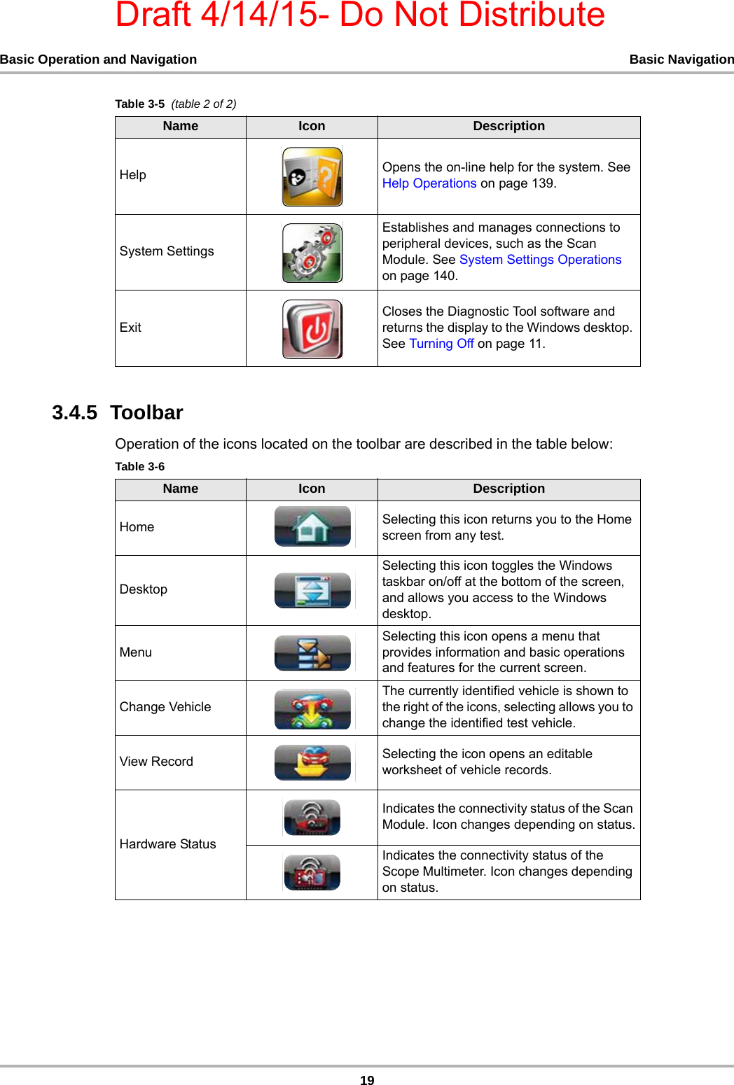 Draft 4/14/15- Do Not Distribute19Basic Operation and Navigation Basic Navigation3.4.5  ToolbarOperation of the icons located on the toolbar are described in the table below:Help Opens the on-line help for the system. See Help Operations on page 139.System SettingsEstablishes and manages connections to peripheral devices, such as the Scan Module. See System Settings Operations on page 140.ExitCloses the Diagnostic Tool software and returns the display to the Windows desktop. See Turning Off on page 11.Table 3-5  (table 2 of 2)Name Icon DescriptionTable 3-6 Name Icon DescriptionHome Selecting this icon returns you to the Home screen from any test.DesktopSelecting this icon toggles the Windows taskbar on/off at the bottom of the screen, and allows you access to the Windows desktop.MenuSelecting this icon opens a menu that provides information and basic operations and features for the current screen.Change VehicleThe currently identified vehicle is shown to the right of the icons, selecting allows you to change the identified test vehicle.View Record Selecting the icon opens an editable worksheet of vehicle records.Hardware StatusIndicates the connectivity status of the Scan Module. Icon changes depending on status.Indicates the connectivity status of the Scope Multimeter. Icon changes depending on status.