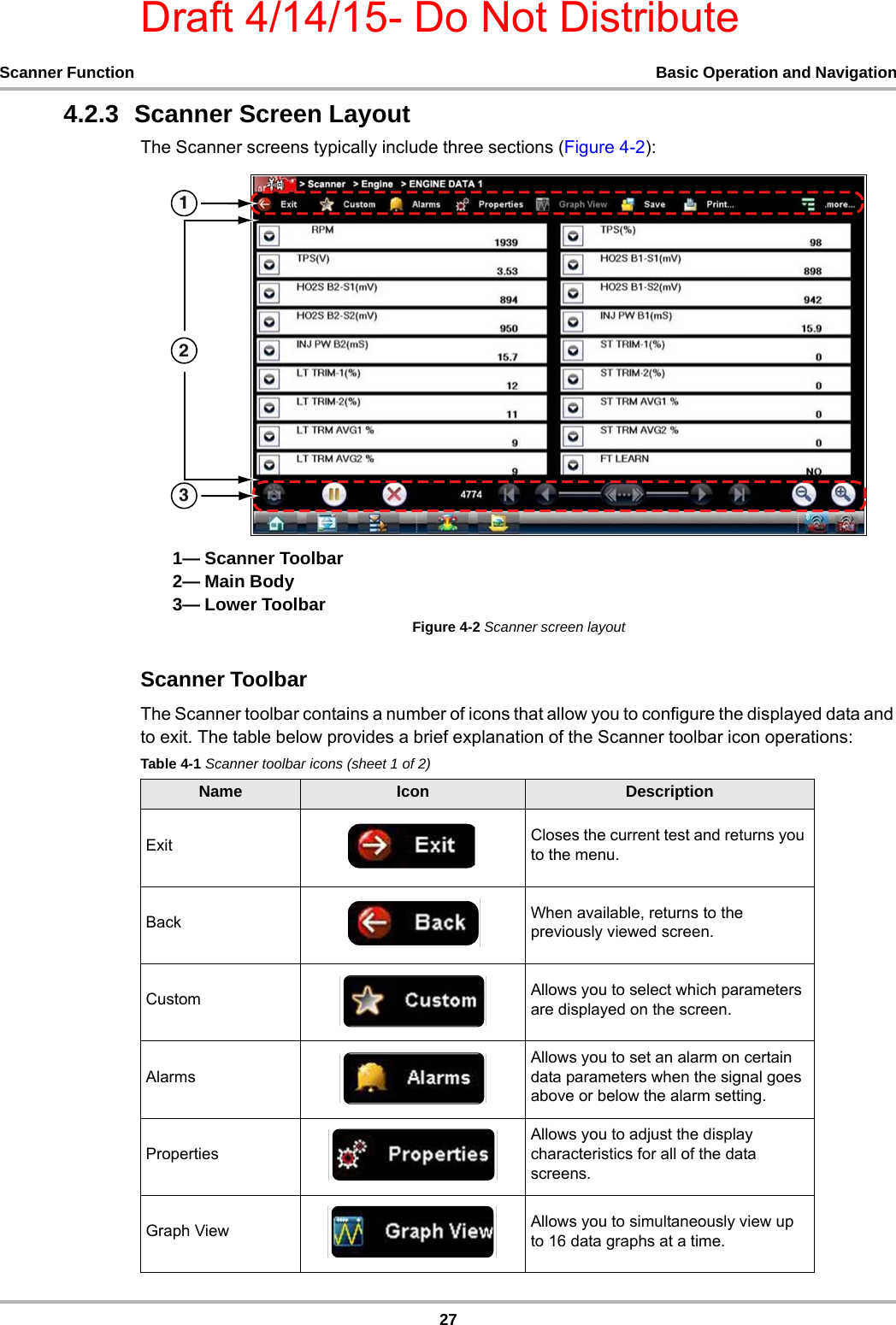 Draft 4/14/15- Do Not Distribute27Scanner Function Basic Operation and Navigation4.2.3  Scanner Screen LayoutThe Scanner screens typically include three sections (Figure 4-2):1— Scanner Toolbar2— Main Body3— Lower ToolbarFigure 4-2 Scanner screen layoutScanner ToolbarThe Scanner toolbar contains a number of icons that allow you to configure the displayed data and to exit. The table below provides a brief explanation of the Scanner toolbar icon operations:Table 4-1 Scanner toolbar icons (sheet 1 of 2)Name Icon DescriptionExit Closes the current test and returns you to the menu.Back When available, returns to the previously viewed screen.Custom Allows you to select which parameters are displayed on the screen.AlarmsAllows you to set an alarm on certain data parameters when the signal goes above or below the alarm setting.PropertiesAllows you to adjust the display characteristics for all of the data screens.Graph View Allows you to simultaneously view up to 16 data graphs at a time.