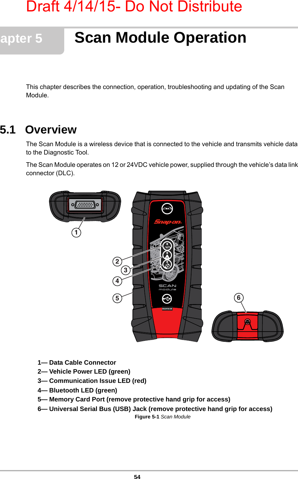 Draft 4/14/15- Do Not Distribute54Chapter 5 Scan Module Operation This chapter describes the connection, operation, troubleshooting and updating of the Scan Module.5.1   OverviewThe Scan Module is a wireless device that is connected to the vehicle and transmits vehicle data to the Diagnostic Tool. The Scan Module operates on 12 or 24VDC vehicle power, supplied through the vehicle’s data link connector (DLC). 1— Data Cable Connector2— Vehicle Power LED (green)3— Communication Issue LED (red)4— Bluetooth LED (green)5— Memory Card Port (remove protective hand grip for access)6— Universal Serial Bus (USB) Jack (remove protective hand grip for access)Figure 5-1 Scan Module($//%5