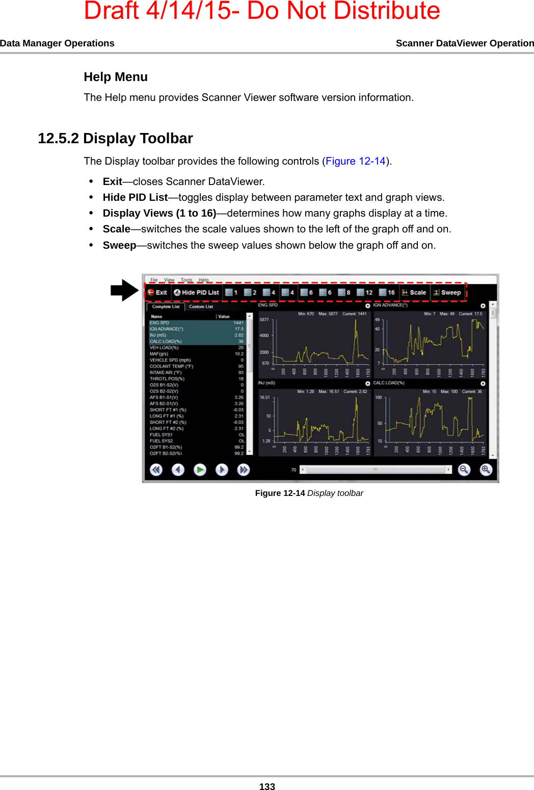 Draft 4/14/15- Do Not Distribute133Data Manager Operations Scanner DataViewer OperationHelp MenuThe Help menu provides Scanner Viewer software version information.12.5.2 Display ToolbarThe Display toolbar provides the following controls (Figure 12-14).•Exit—closes Scanner DataViewer.•Hide PID List—toggles display between parameter text and graph views.•Display Views (1 to 16)—determines how many graphs display at a time.•Scale—switches the scale values shown to the left of the graph off and on.•Sweep—switches the sweep values shown below the graph off and on.Figure 12-14 Display toolbar