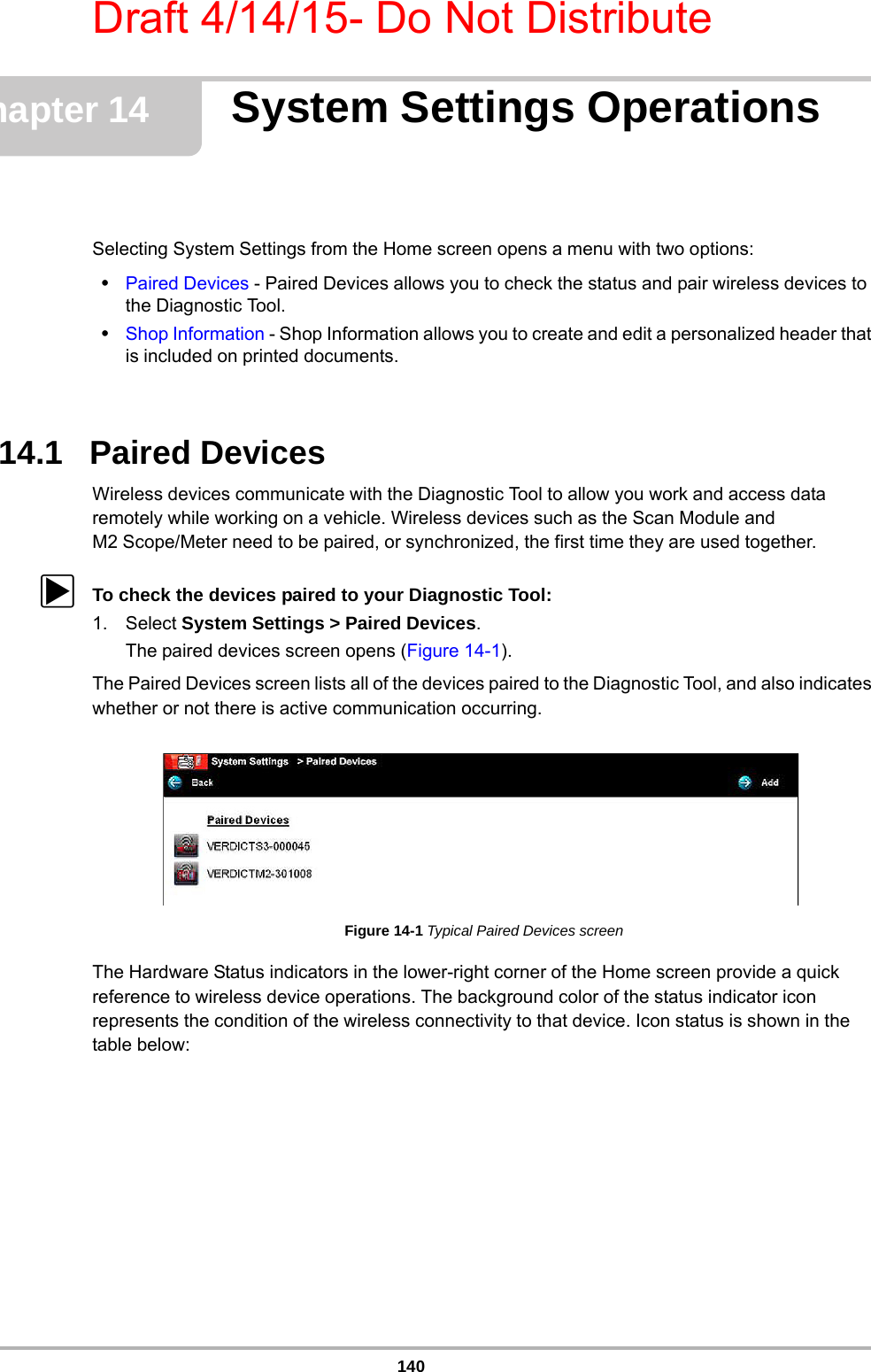 Draft 4/14/15- Do Not Distribute140Chapter 14 System Settings OperationsSelecting System Settings from the Home screen opens a menu with two options:•Paired Devices - Paired Devices allows you to check the status and pair wireless devices to the Diagnostic Tool.•Shop Information - Shop Information allows you to create and edit a personalized header that is included on printed documents.14.1   Paired DevicesWireless devices communicate with the Diagnostic Tool to allow you work and access data remotely while working on a vehicle. Wireless devices such as the Scan Module and M2 Scope/Meter need to be paired, or synchronized, the first time they are used together.zTo check the devices paired to your Diagnostic Tool:1. Select System Settings &gt; Paired Devices.The paired devices screen opens (Figure 14-1).The Paired Devices screen lists all of the devices paired to the Diagnostic Tool, and also indicates whether or not there is active communication occurring.Figure 14-1 Typical Paired Devices screenThe Hardware Status indicators in the lower-right corner of the Home screen provide a quick reference to wireless device operations. The background color of the status indicator icon represents the condition of the wireless connectivity to that device. Icon status is shown in the table below: