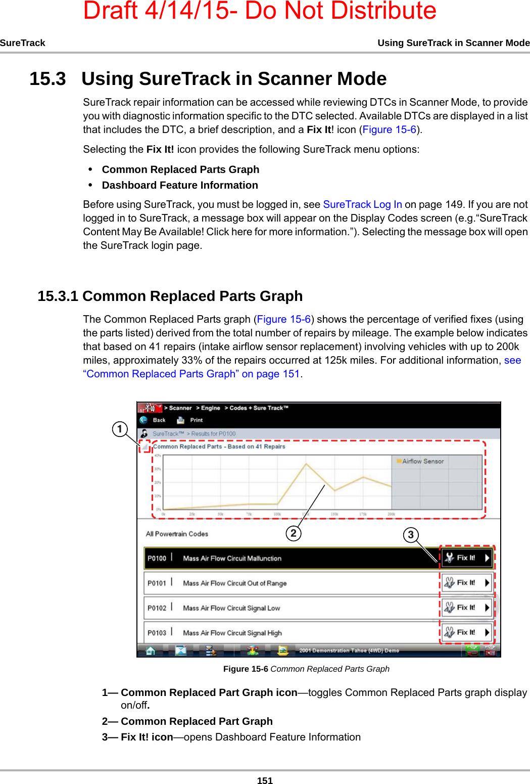 Draft 4/14/15- Do Not Distribute151SureTrack Using SureTrack in Scanner Mode15.3   Using SureTrack in Scanner ModeSureTrack repair information can be accessed while reviewing DTCs in Scanner Mode, to provide you with diagnostic information specific to the DTC selected. Available DTCs are displayed in a list that includes the DTC, a brief description, and a Fix It! icon (Figure 15-6).Selecting the Fix It! icon provides the following SureTrack menu options:•Common Replaced Parts Graph•Dashboard Feature InformationBefore using SureTrack, you must be logged in, see SureTrack Log In on page 149. If you are not logged in to SureTrack, a message box will appear on the Display Codes screen (e.g.“SureTrack Content May Be Available! Click here for more information.”). Selecting the message box will open the SureTrack login page.15.3.1 Common Replaced Parts GraphThe Common Replaced Parts graph (Figure 15-6) shows the percentage of verified fixes (using the parts listed) derived from the total number of repairs by mileage. The example below indicates that based on 41 repairs (intake airflow sensor replacement) involving vehicles with up to 200k miles, approximately 33% of the repairs occurred at 125k miles. For additional information, see “Common Replaced Parts Graph” on page 151.Figure 15-6 Common Replaced Parts Graph1— Common Replaced Part Graph icon—toggles Common Replaced Parts graph display on/off.2— Common Replaced Part Graph3— Fix It! icon—opens Dashboard Feature Information