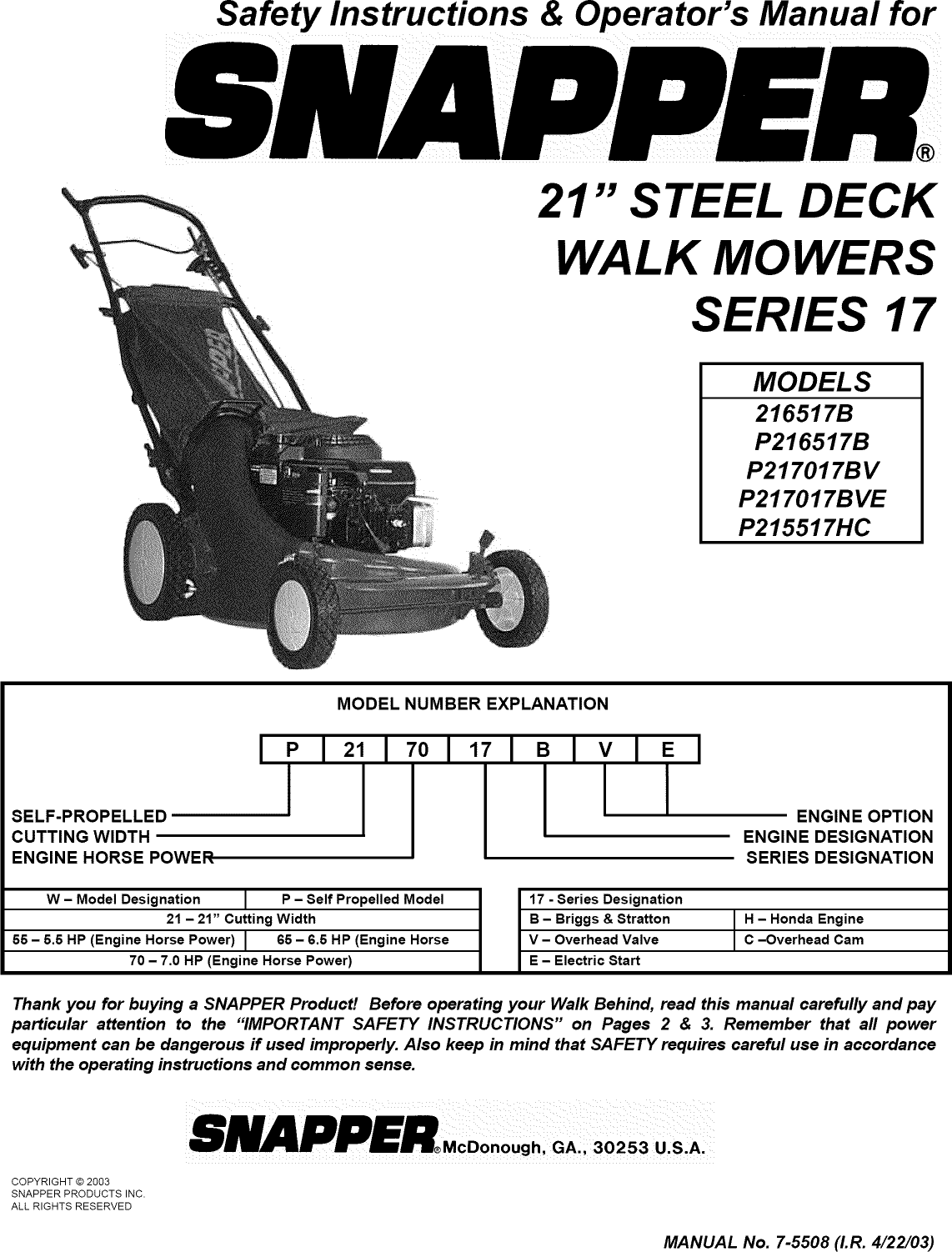 Snapper B User Manual Mower Manuals And Guides L