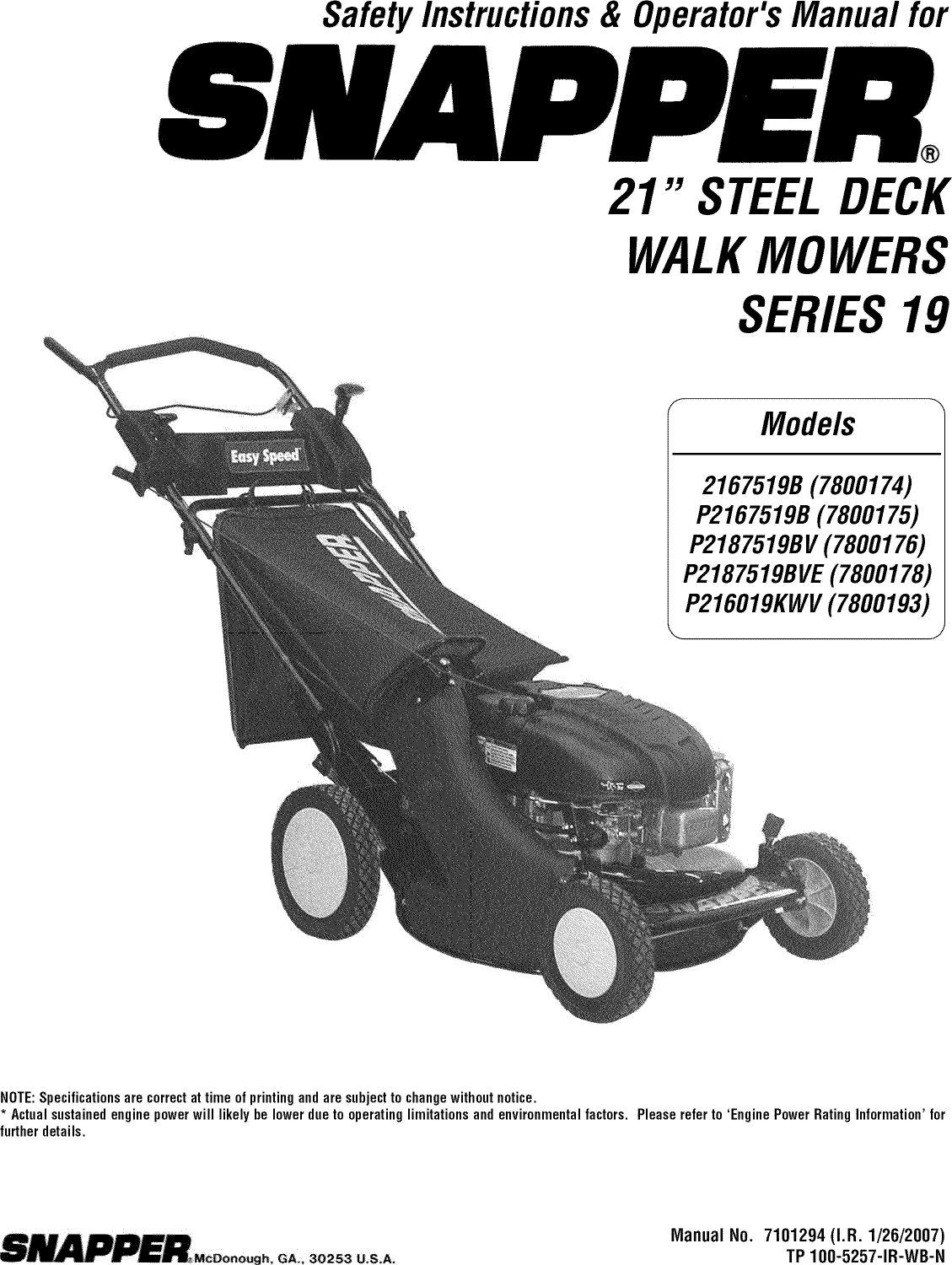 Snapper 2167519B 7800174 User Manual LAWN MOWER Manuals And Guides