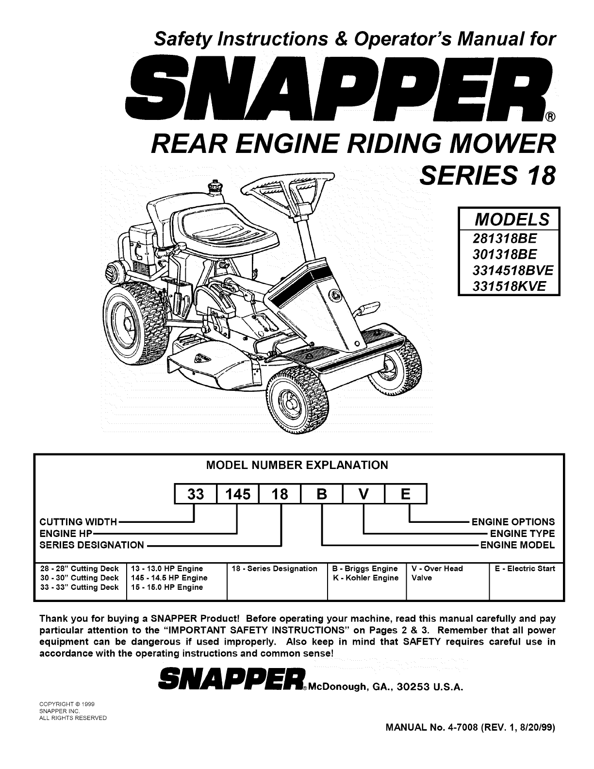 Snapper Riding Lawn Mower User Manual