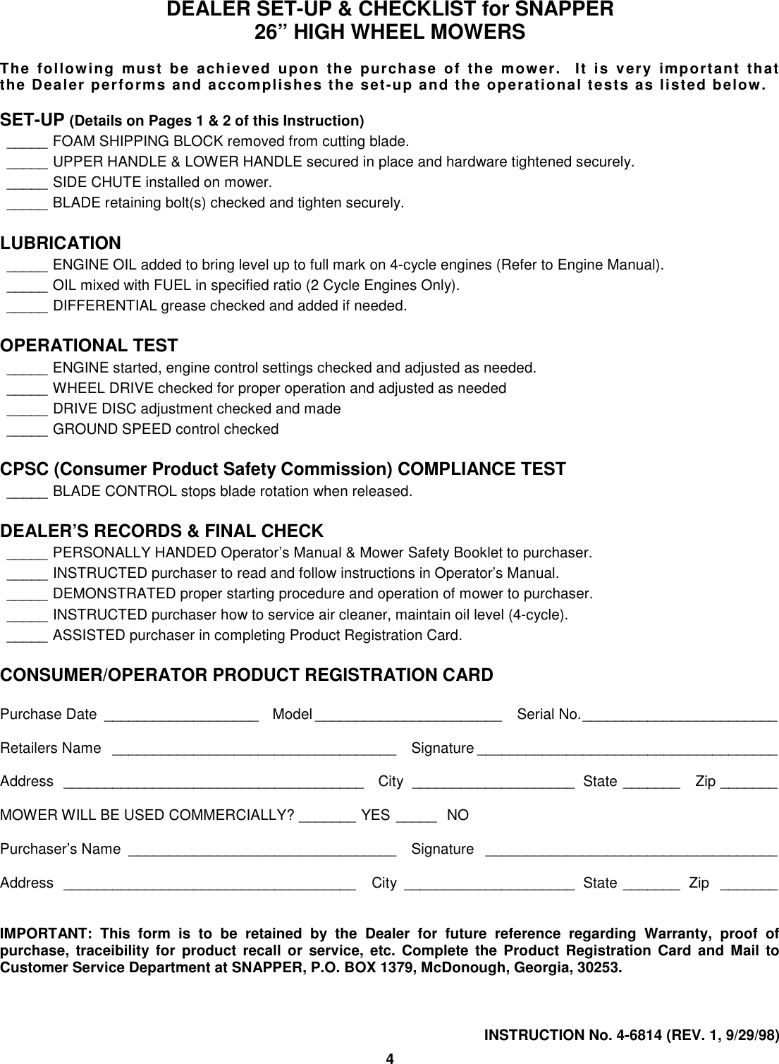 Page 4 of 4 - Snapper Snapper-26-High-Wheel-Mowers-Users-Manual 4-6814D