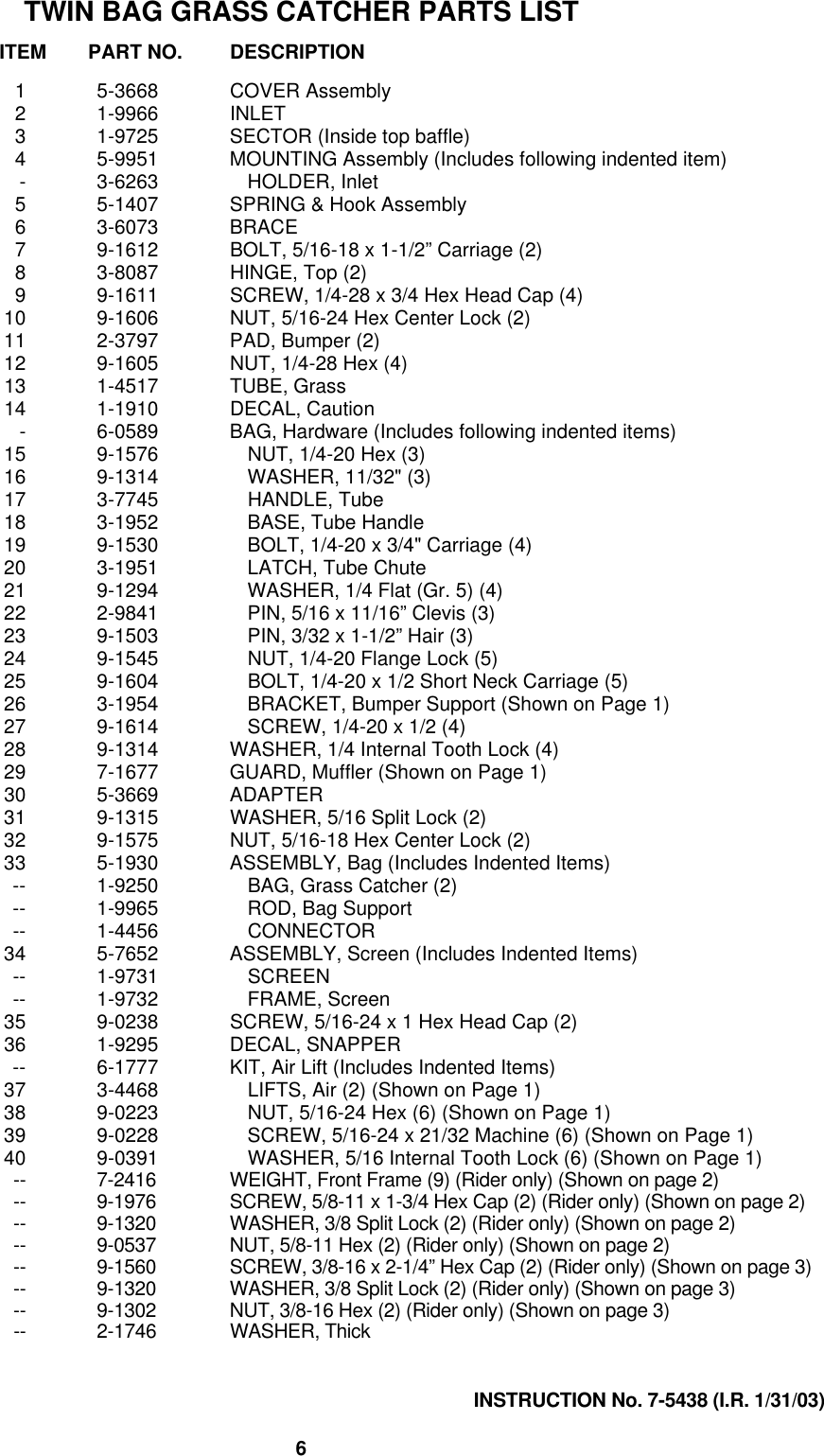 Page 6 of 7 - Snapper Snapper-75438-Users-Manual- #6-1888 Twin Bag Grass Catcher Snapper-75438-users-manual